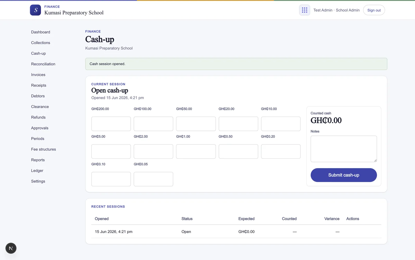 The cash-up screen: an open session with a denomination grid from GHS 200 down to 0.05, a Counted cash total, a Notes field, a Submit cash-up button, and a Recent sessions table showing Opened, Status, Expected, Counted, and Variance with Approve, Reject, and Reopen actions.