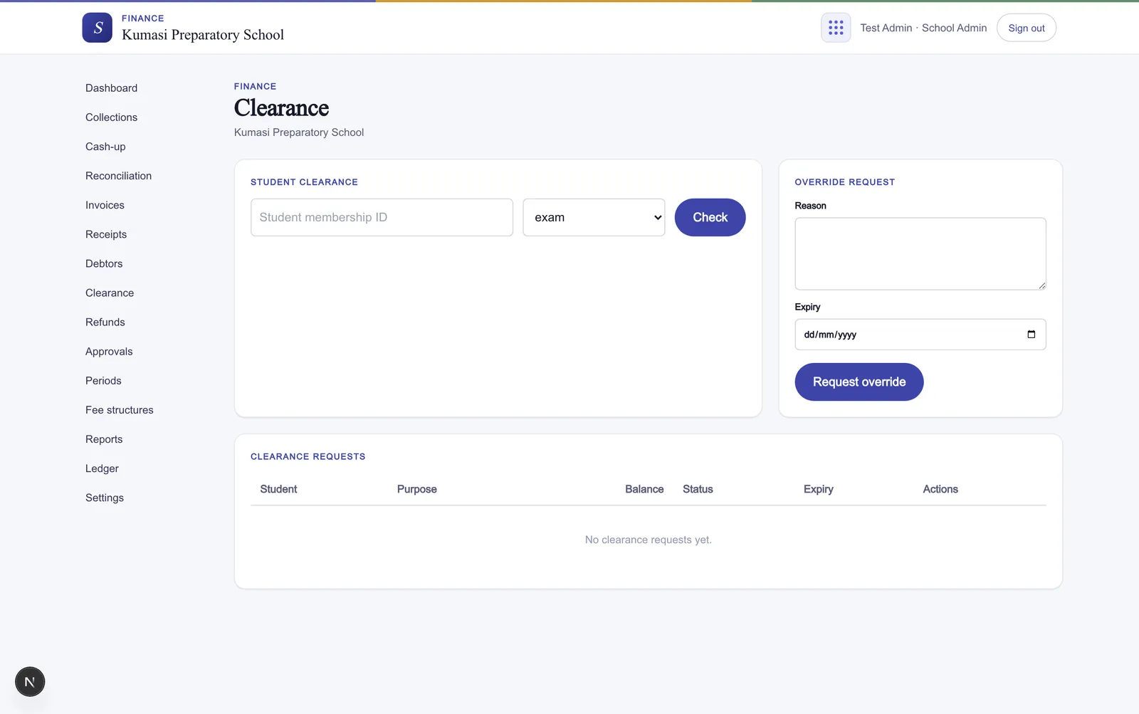The student clearance screen: a Check action with a Purpose picker (exam, report card, transfer letter, graduation, reenrollment, exeat card) returning a Cleared or Blocked result, a Request override form with Reason and Expiry, admin Approve and Reject actions, and a Certificate PDF button.