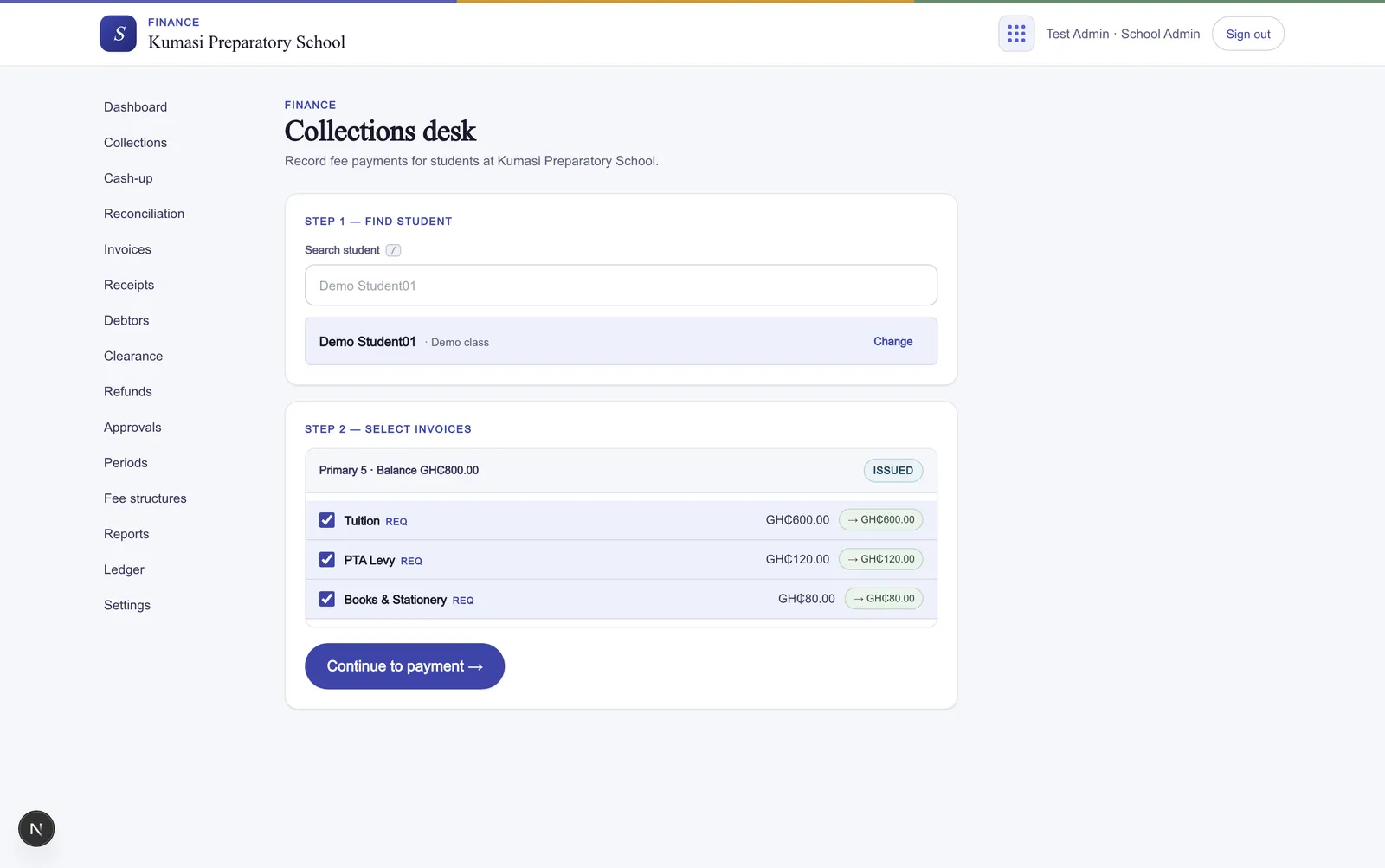 The collections desk mid-flow: a student picked in Step 1, outstanding invoices ticked oldest-first in Step 2, and the Step 3 payment panel with an Amount (GHS) field, a Cash/Bank transfer/Mobile money/Cheque method picker, a reference field, and an allocation preview.