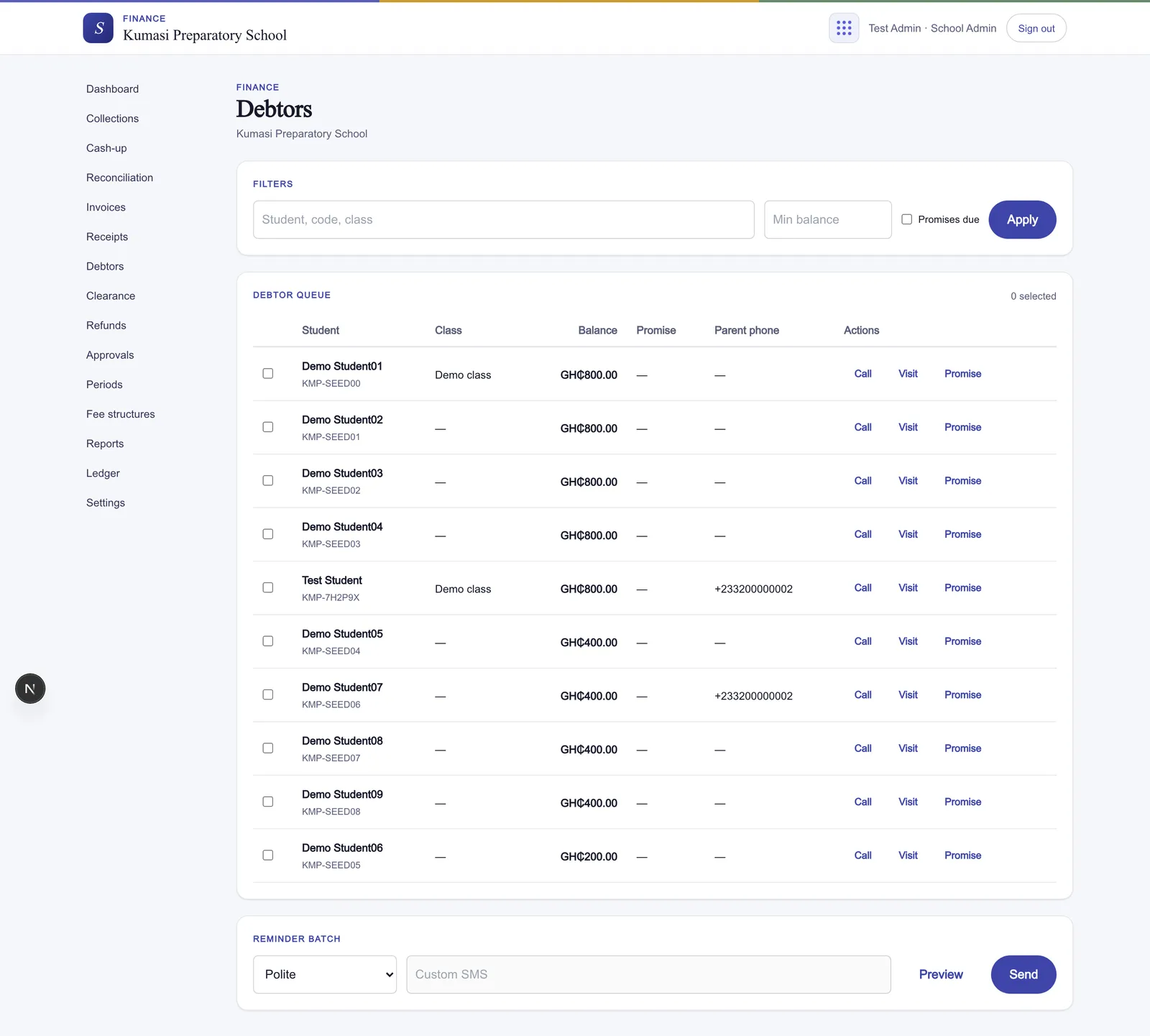 The debtors view: a list of students with outstanding balances filtered by Min balance and Promises due, per-row Call, Visit, and Promise actions, and a reminder-batch composer offering Polite, Firm, Final, and Custom tones with Preview and Send.