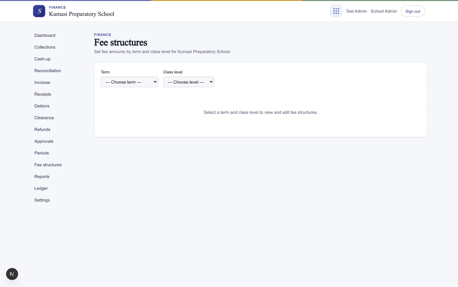 The fee-structures editor: a term and class-level picker above a grid of fee categories (Tuition, PTA, Transport, Feeding) with an editable amount per row and a Save changes button.