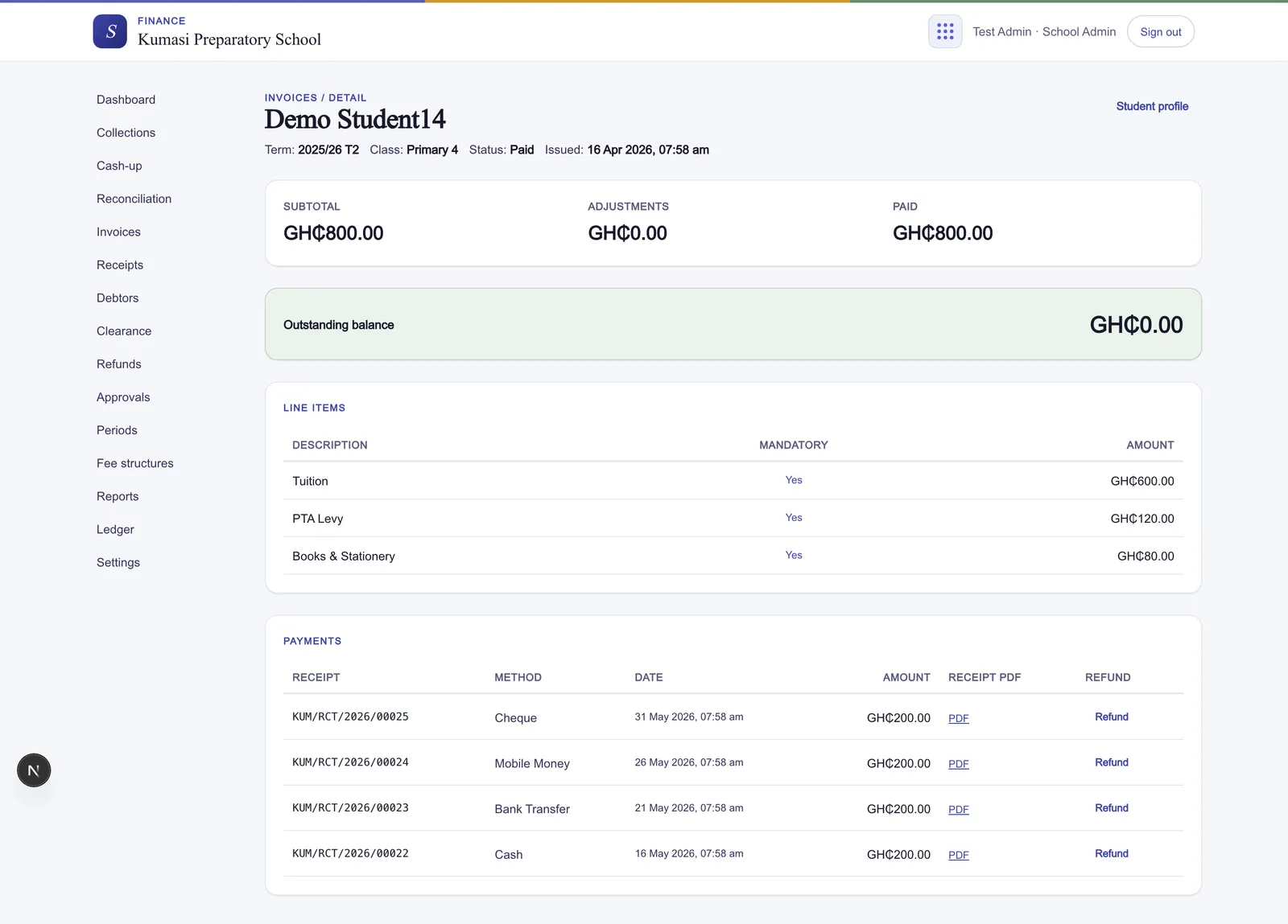 A single invoice opened: its fee lines, every payment applied, any adjustments, and the running balance, with Cancel and Request refund actions.
