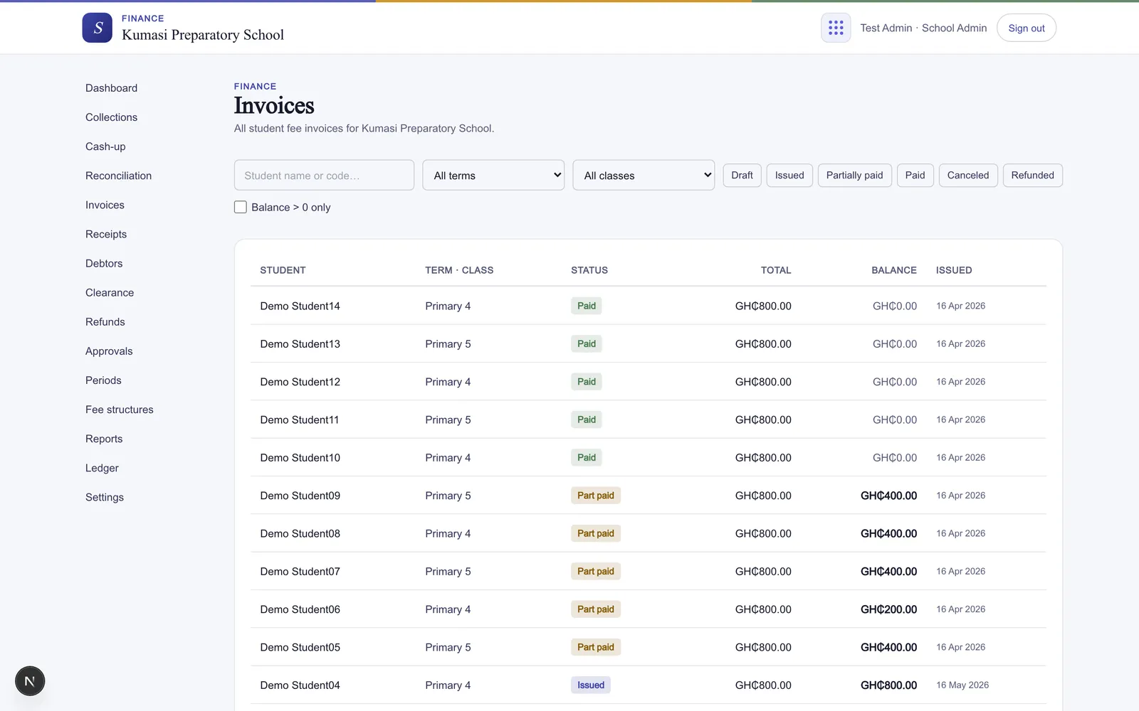 The invoices list filtered by term, class level, and status (Draft, Issued, Part paid, Paid, Canceled, Refunded), with a balance-only toggle and a free-text search box.