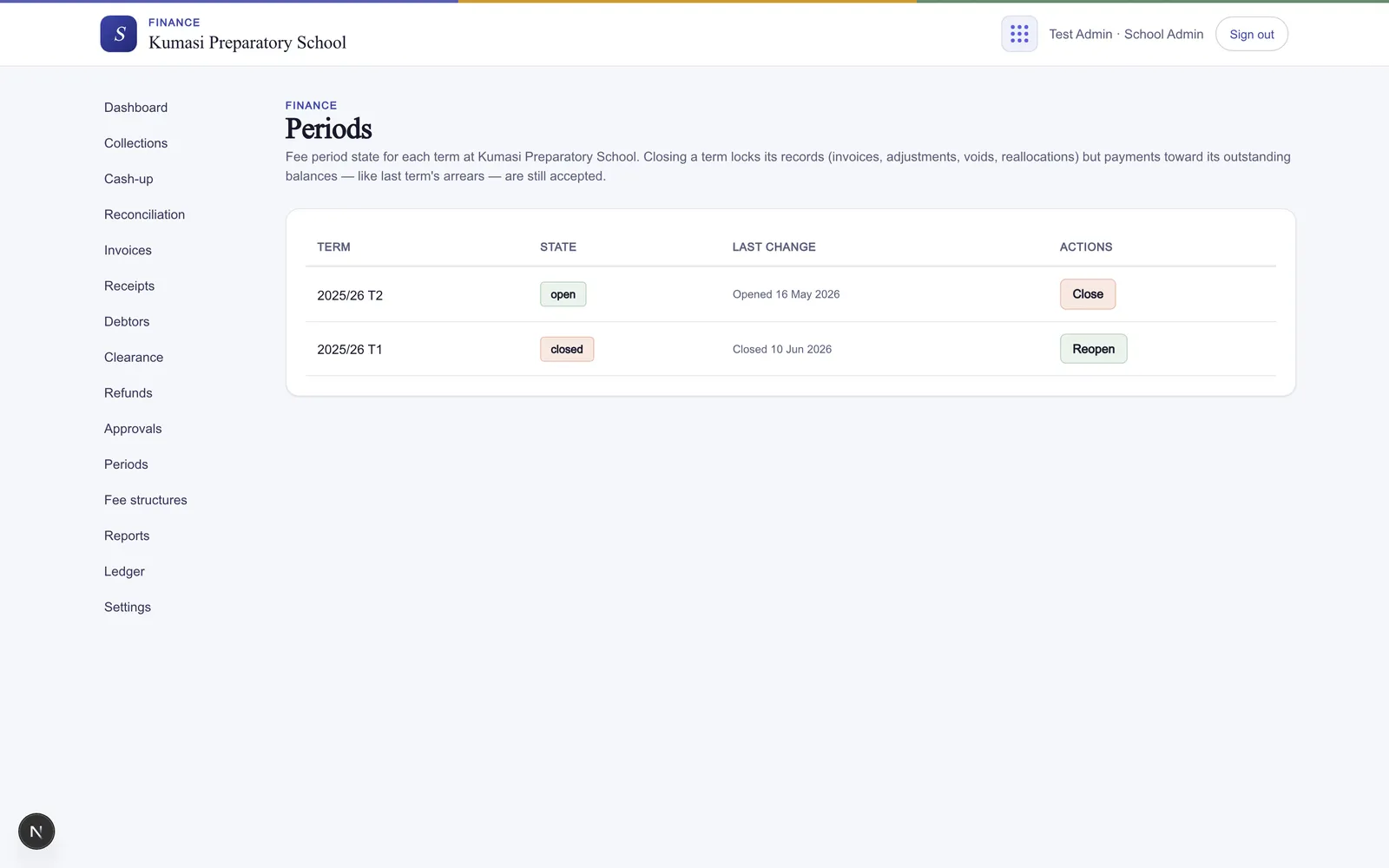 The billing periods screen: each term row shows its state — Not opened, Open, or Closed — with Open, Close, and Reopen actions.
