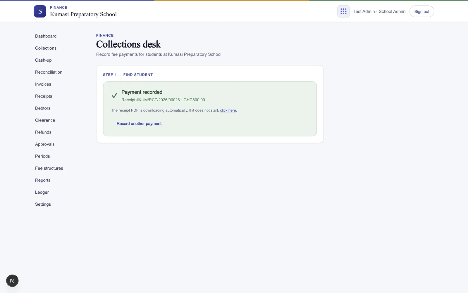 The payment-recorded confirmation showing a numbered receipt (RCP-001234) and amount, the receipt PDF downloading, and a Record another payment button.