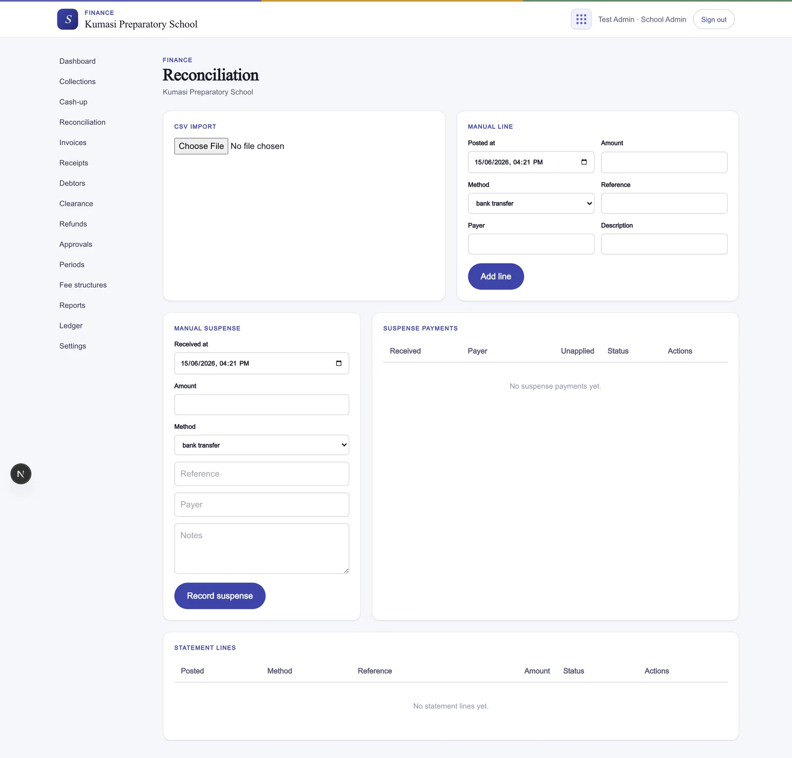 The reconciliation screen: an imported bank/mobile-money statement with a column-mapping step and an Import rows button, statement lines paired with likely payments showing Match payment, Suspense, and Dismiss actions, and a suspense list with Record suspense and Apply.