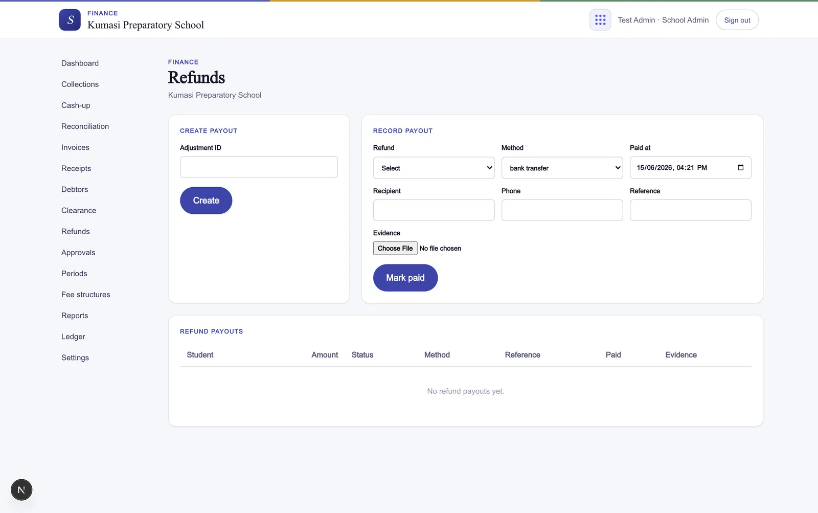 The refunds screen: a payout traced to an approved refund adjustment, a Create action opening a pending payout, and a Mark paid form capturing method, recipient, reference, and evidence, with pending, paid, canceled, and disputed statuses.