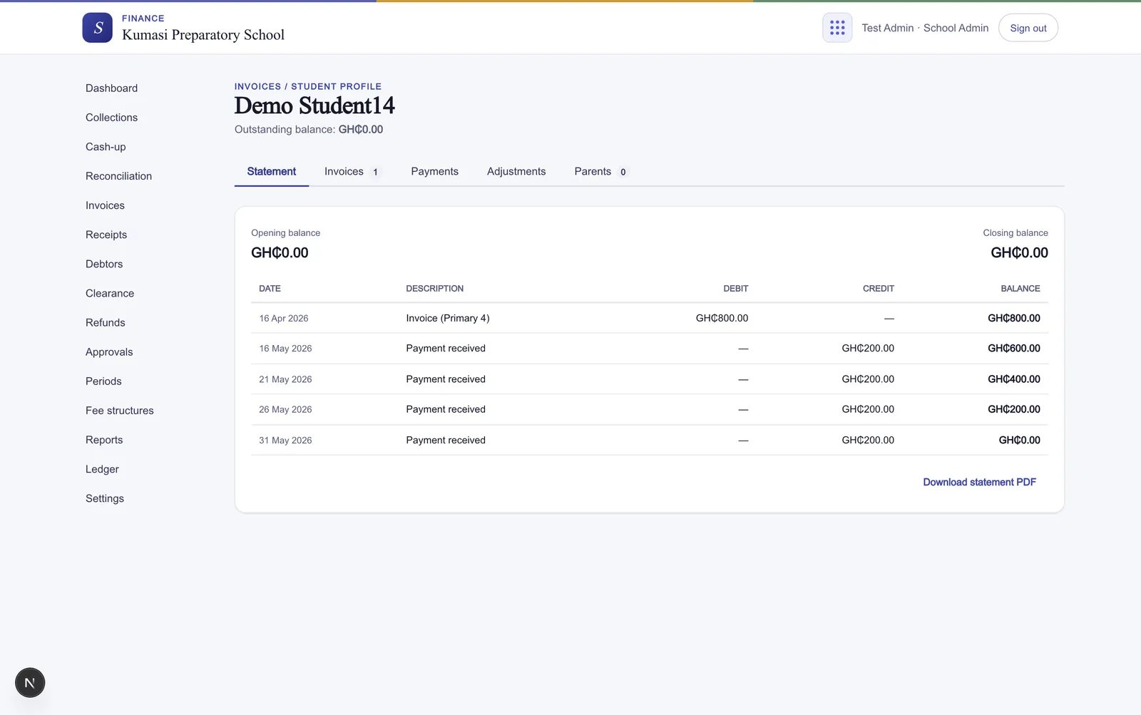 A student's fee account profile with statement, invoices, payments, adjustments, and parents tabs; the statement tab shows an opening balance, dated transactions, a closing balance, and a Download statement PDF button.