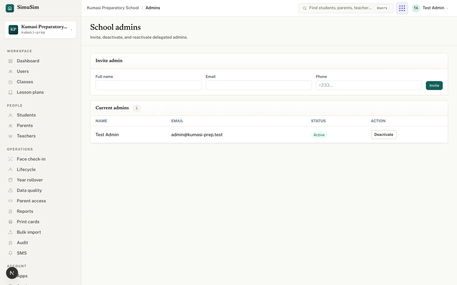 The School admins page: an invite form with Full name, Email and Phone, above a table of current admins each showing an Active status and a Deactivate action.