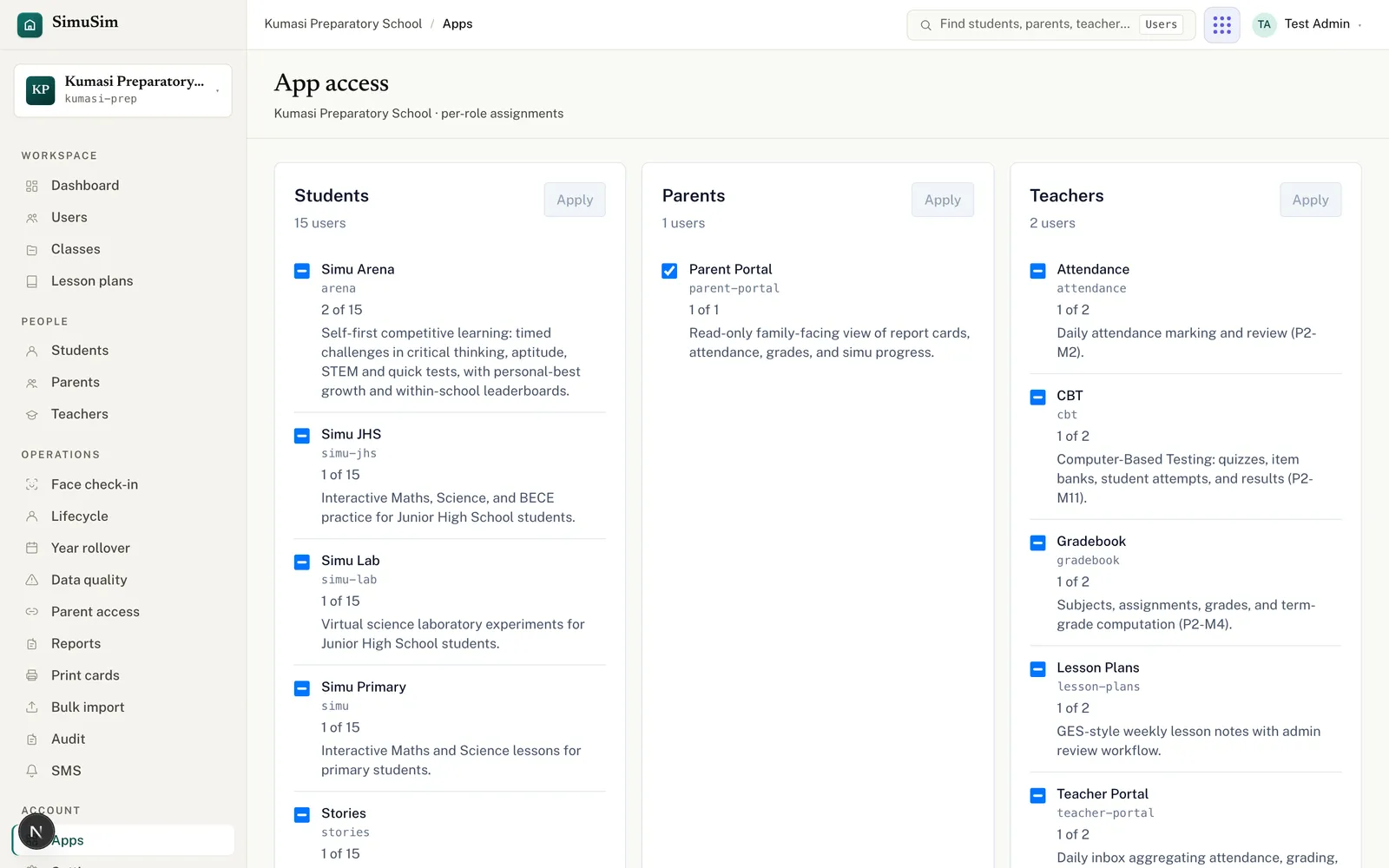 The Apps page showing three columns — Student, Parent, Teacher — each with checkboxes for the apps that role may use, and a Save apps button.