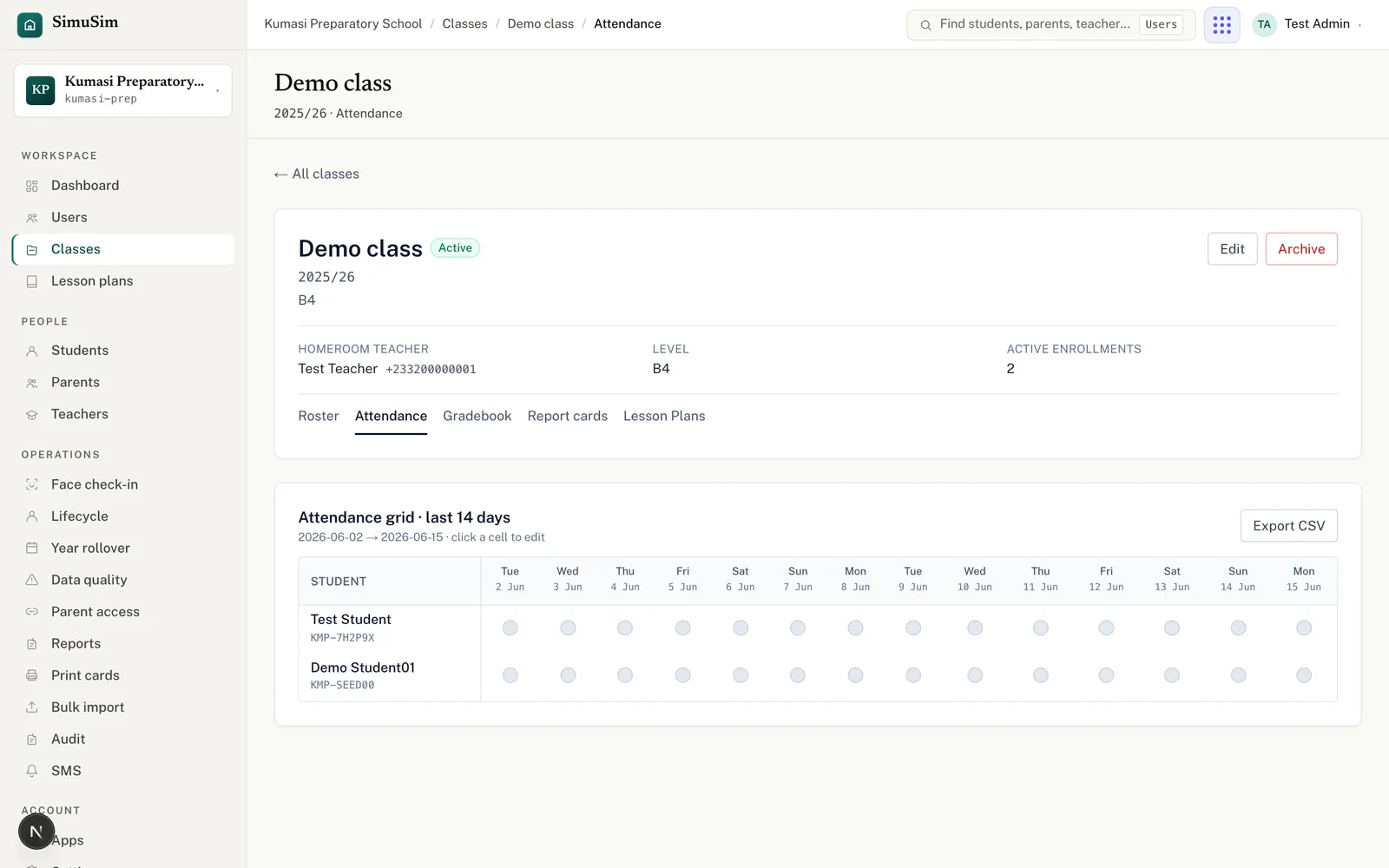 A class Attendance tab showing a 14-day grid of students against dates, with an Export CSV button.