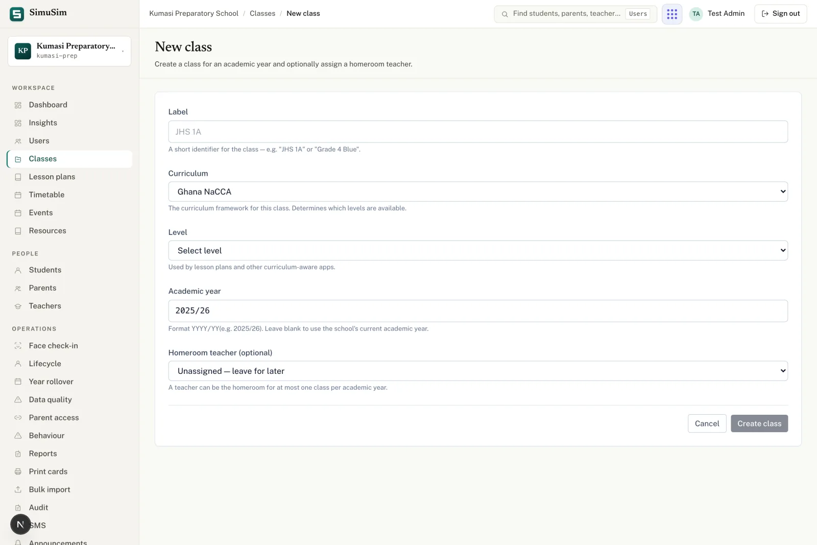 The New class form with the Curriculum field set to Cambridge International, and the Level dropdown showing Stage 1 through Stage 9 options.