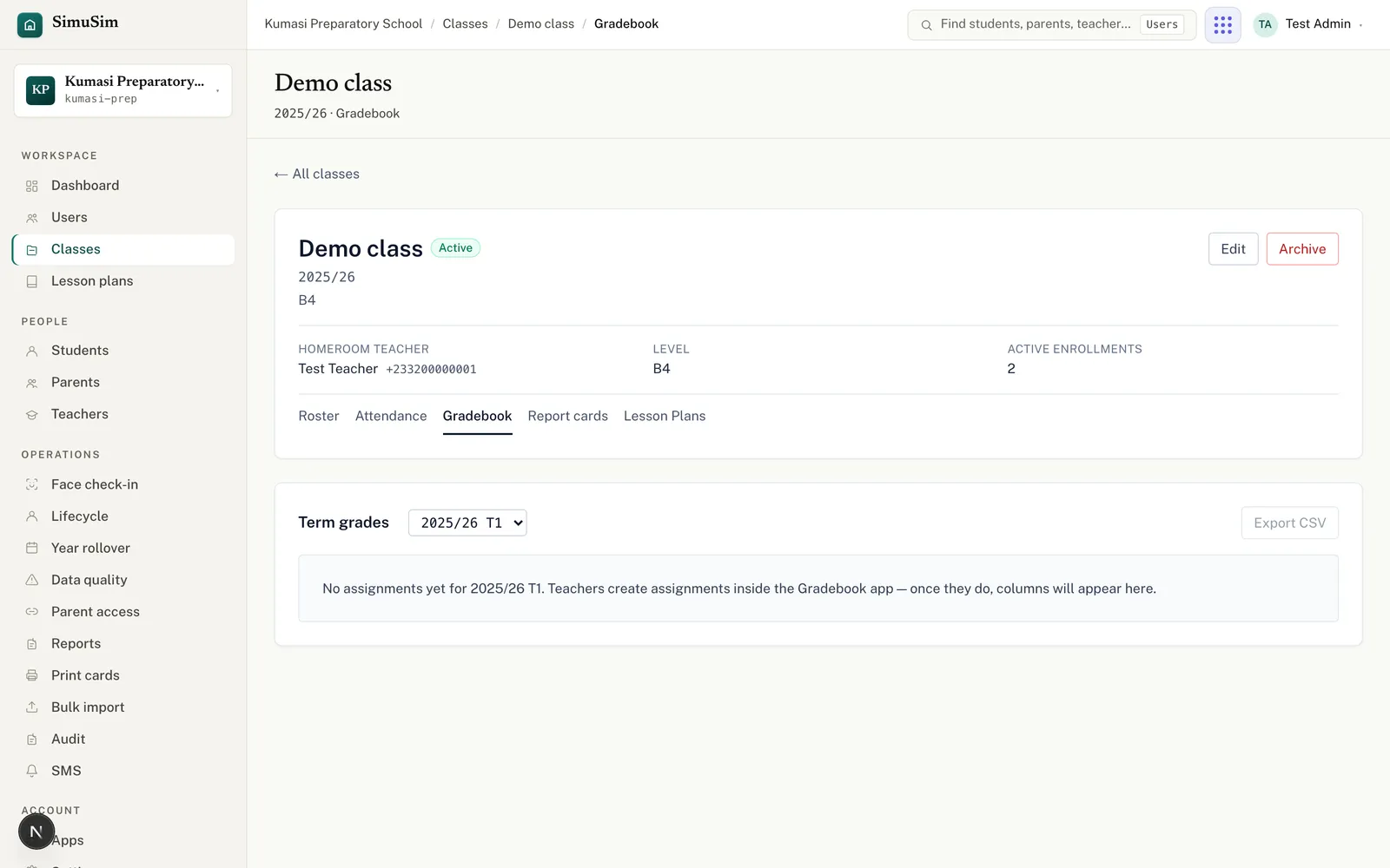 A class Gradebook oversight tab with the class header, the Roster/Attendance/Gradebook/Report cards/Lesson Plans tab strip, a term selector and an Export CSV button.