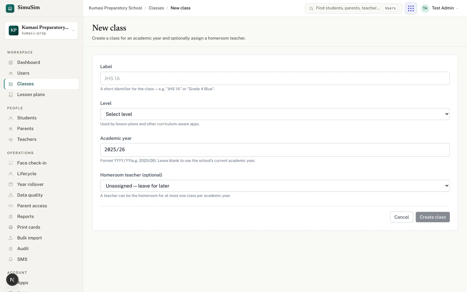 The New class form with fields for class label, level, academic year and homeroom teacher.