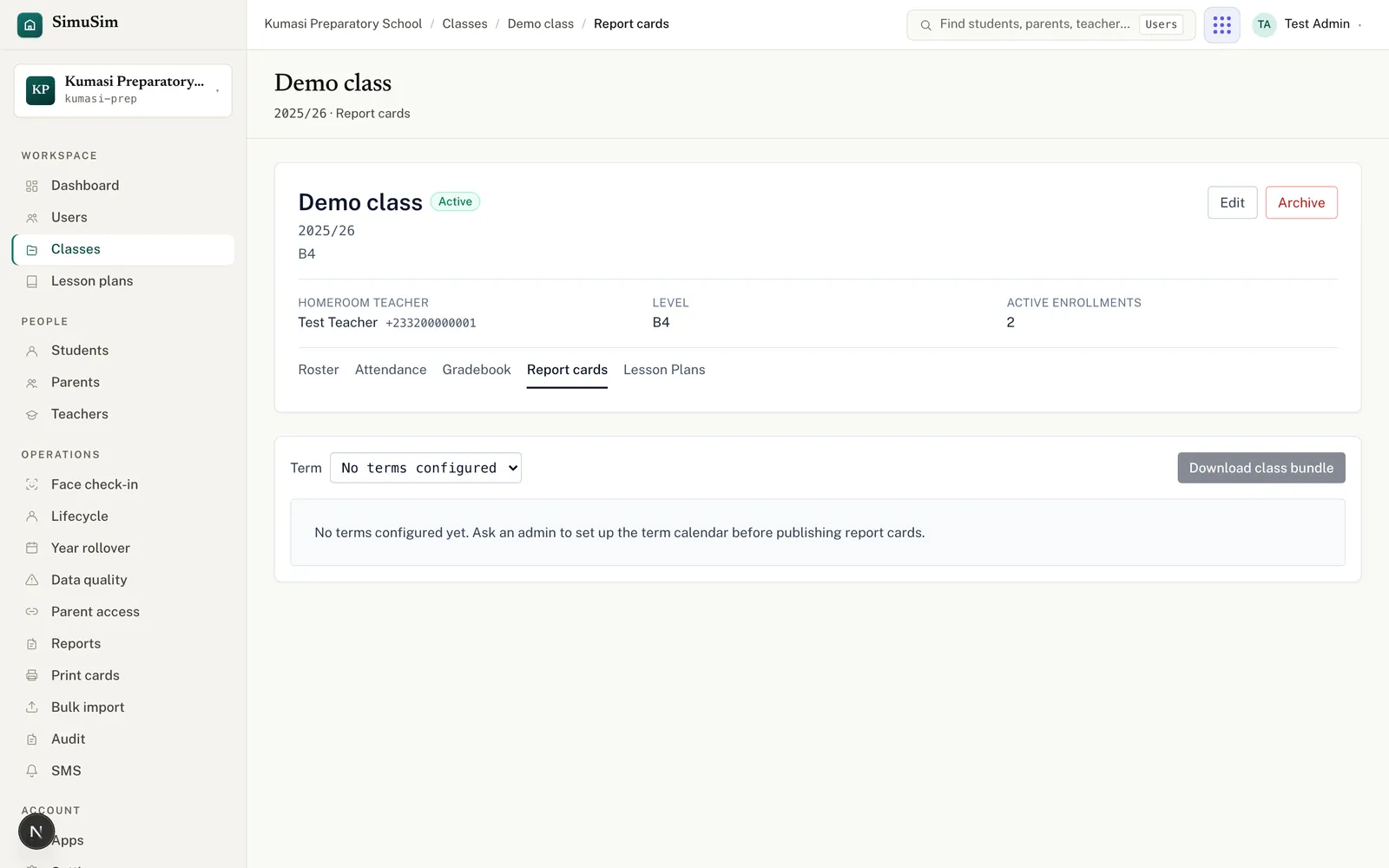 A class Report cards tab with a term picker, a Download class bundle button, and a per-student table with Download PDF actions.