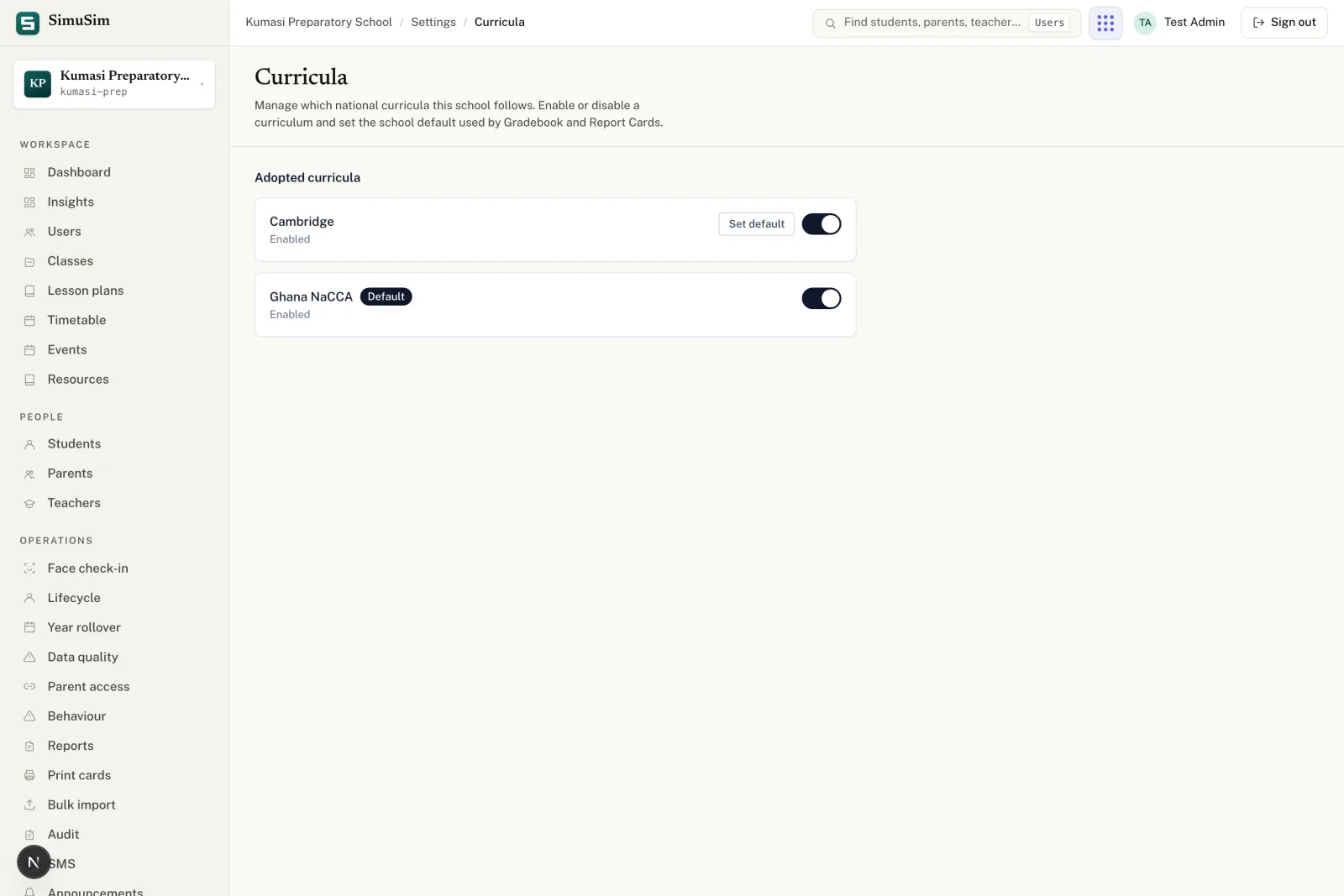 The Curricula settings page showing two adopted curricula — Ghana NaCCA (marked Default) and Cambridge International — with Set default and Disable buttons on each row, and an Adopt a curriculum picker below.