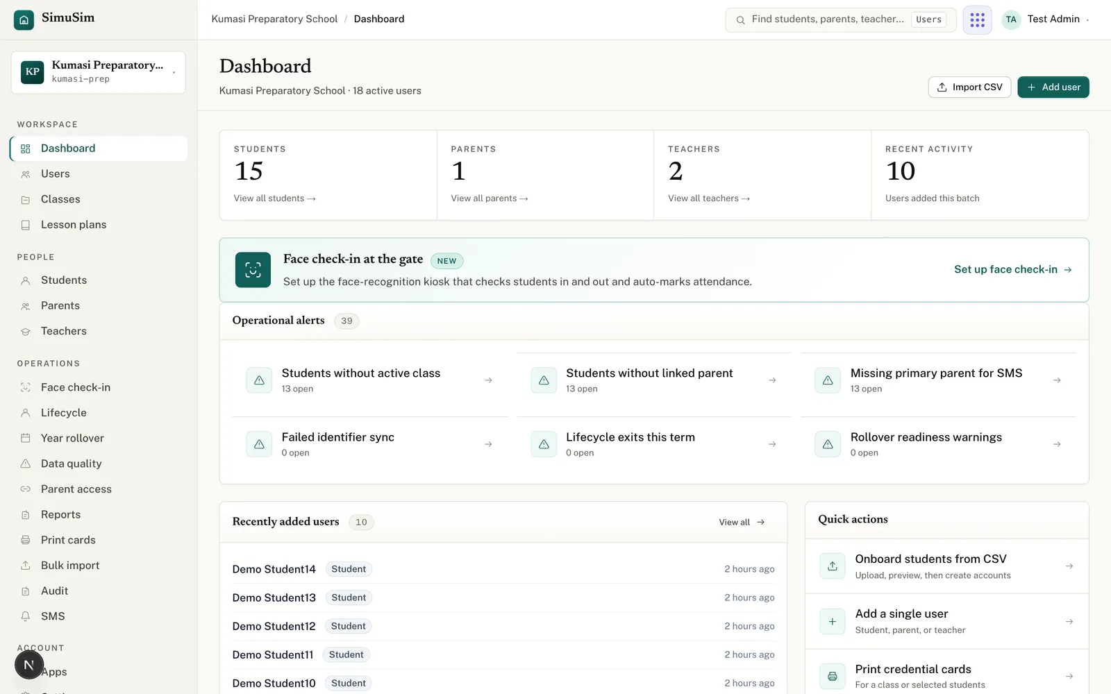 The School Admin dashboard: counts of students, parents and teachers, an operational-alerts panel, a recently-added-users list, and quick-action cards down the right.