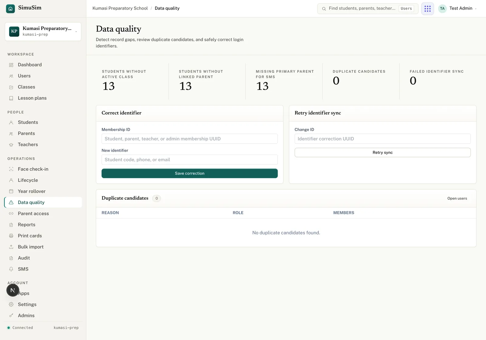 The Data quality page: five KPI counts across the top, a Correct identifier panel and a Retry identifier sync panel, and a duplicate-candidates table below.