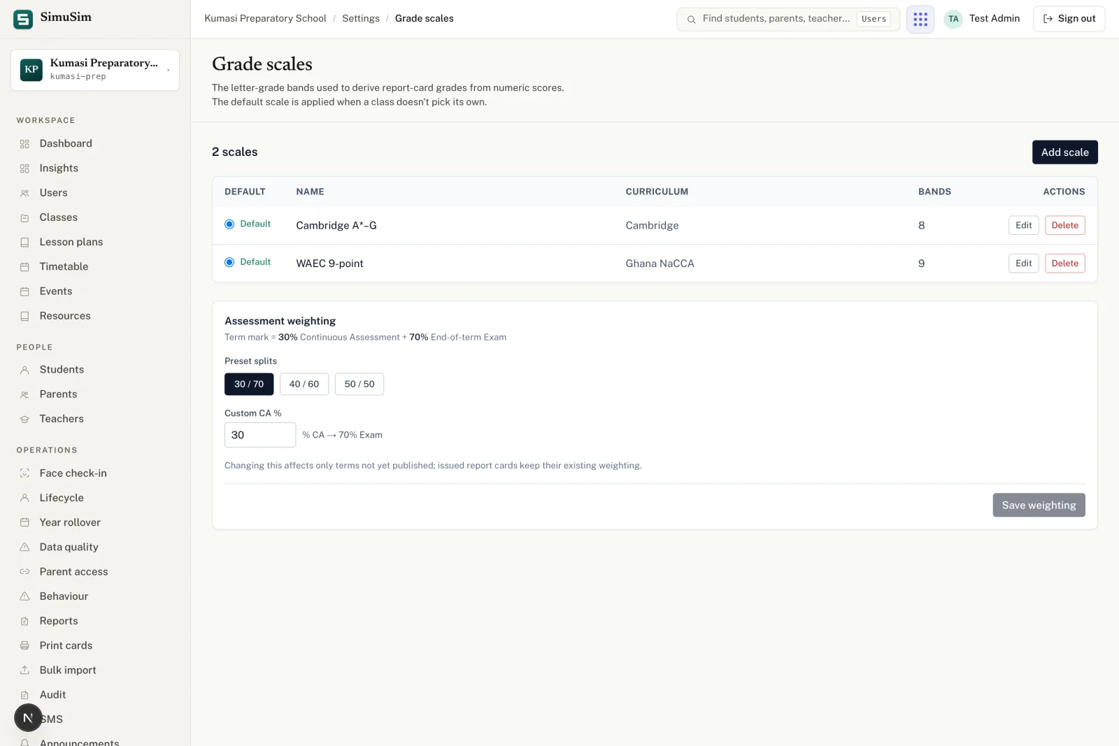 The Grade scales settings page showing two curriculum tabs: Ghana NaCCA (active) with a 9-point A1-F9 scale table, and a Cambridge International tab.