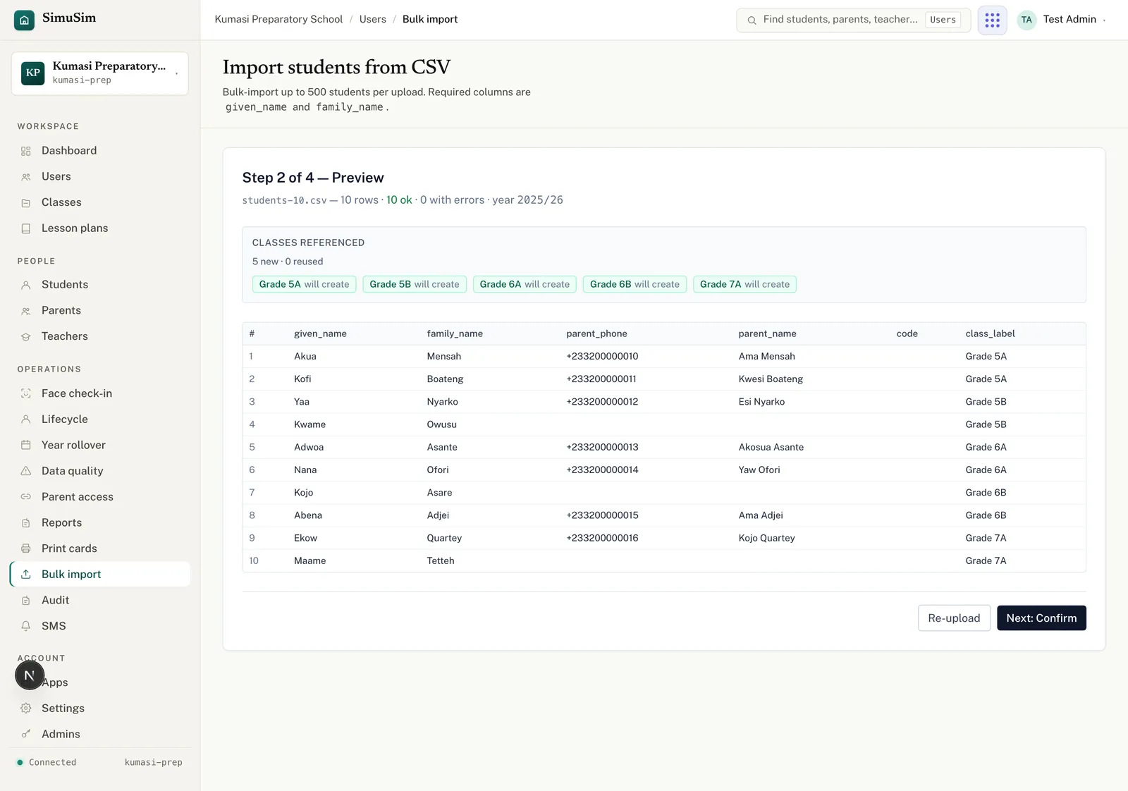 The CSV import preview (Step 2 of 4): ten rows all marked OK, the classes that will be created, and a row-by-row table of given names, family names, parent phones and class labels.