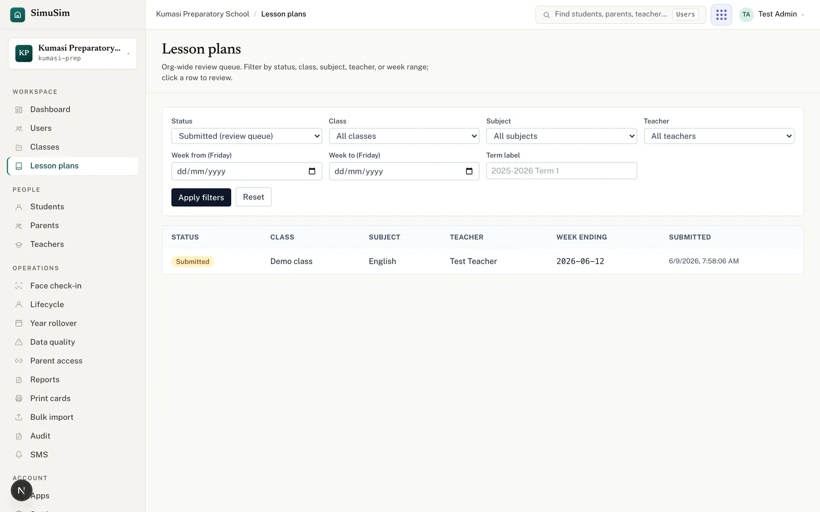 The Lesson plans review queue filtered to submitted notes, with filters for class, subject, teacher and week.