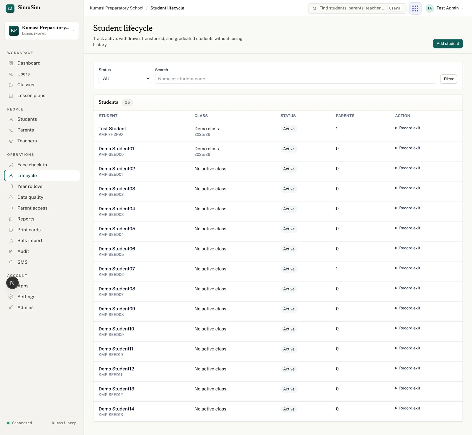 The Student lifecycle page: a status filter and search, and a table of students showing class, status pill, linked-parent count, and a Record exit action per row.