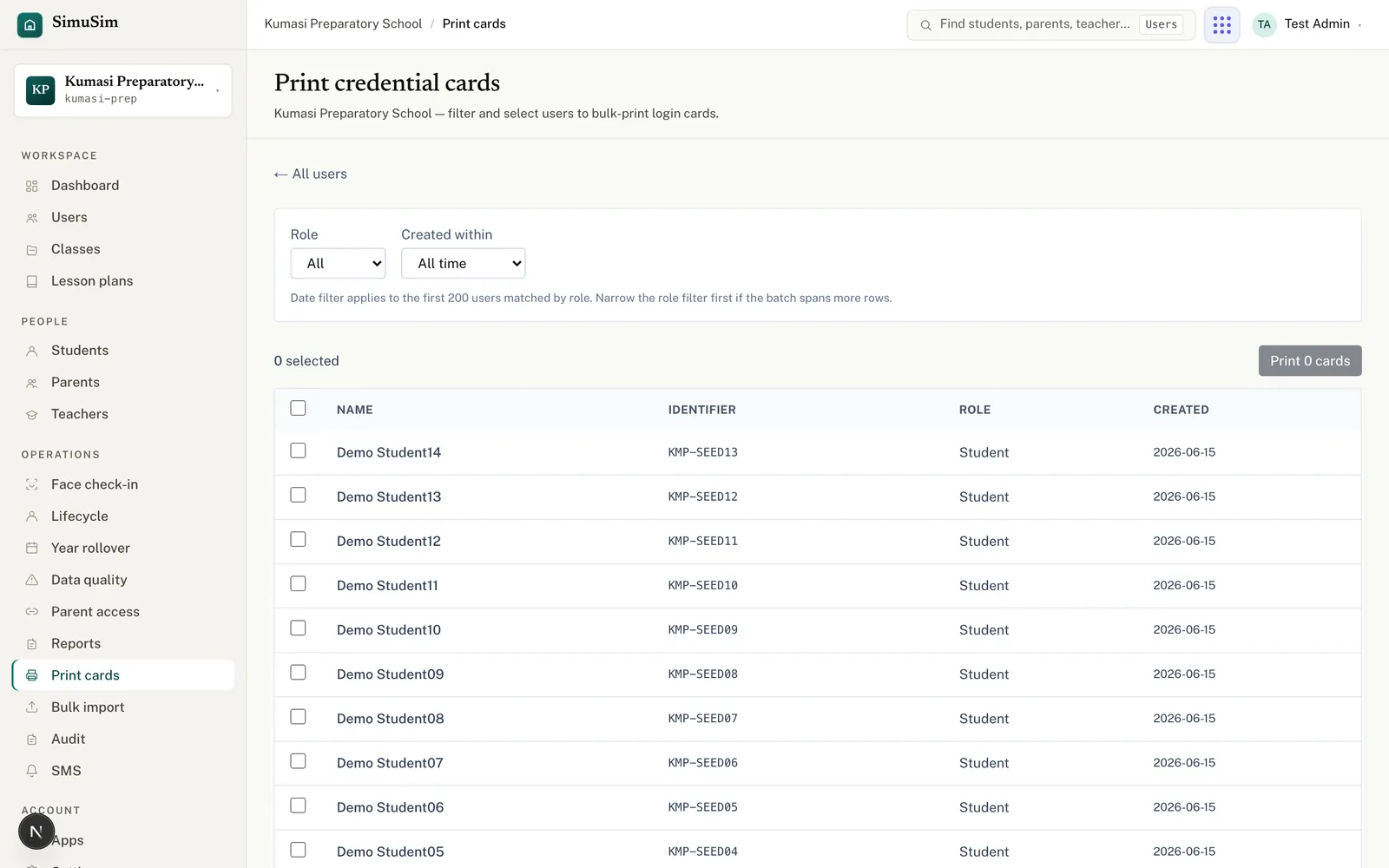 The Print credential cards page: role and created-within filters above a selectable table of users with name, role, identifier and created date.