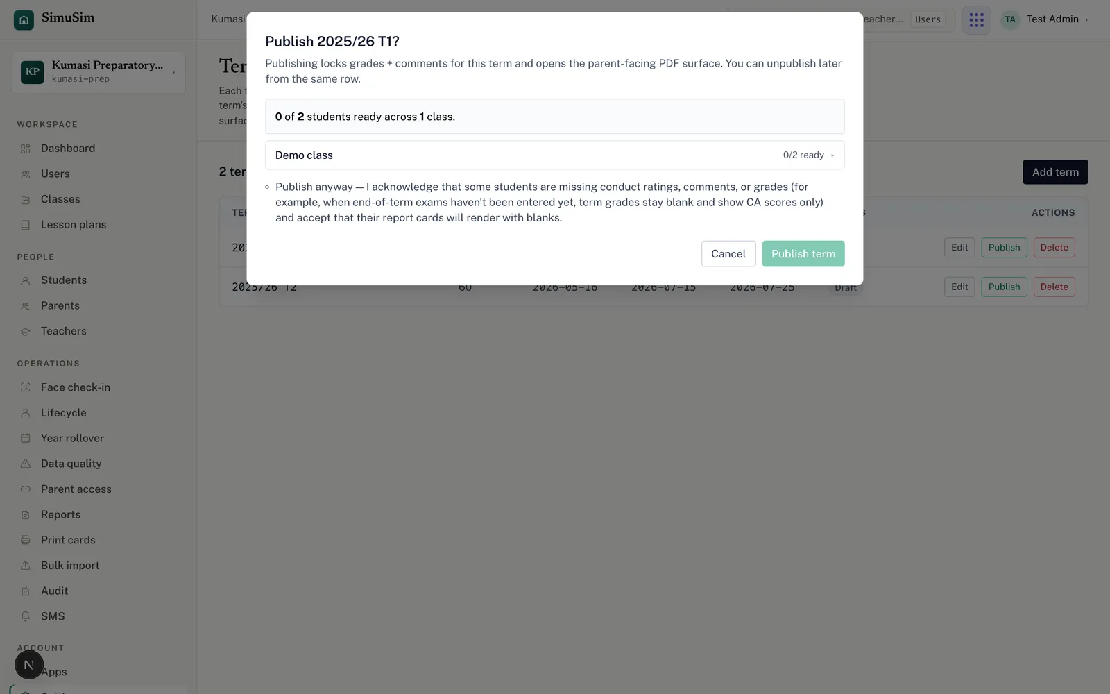 The Publish-term dialog showing a readiness summary, a per-class breakdown of how many students are ready, and a Publish anyway acknowledgement checkbox.