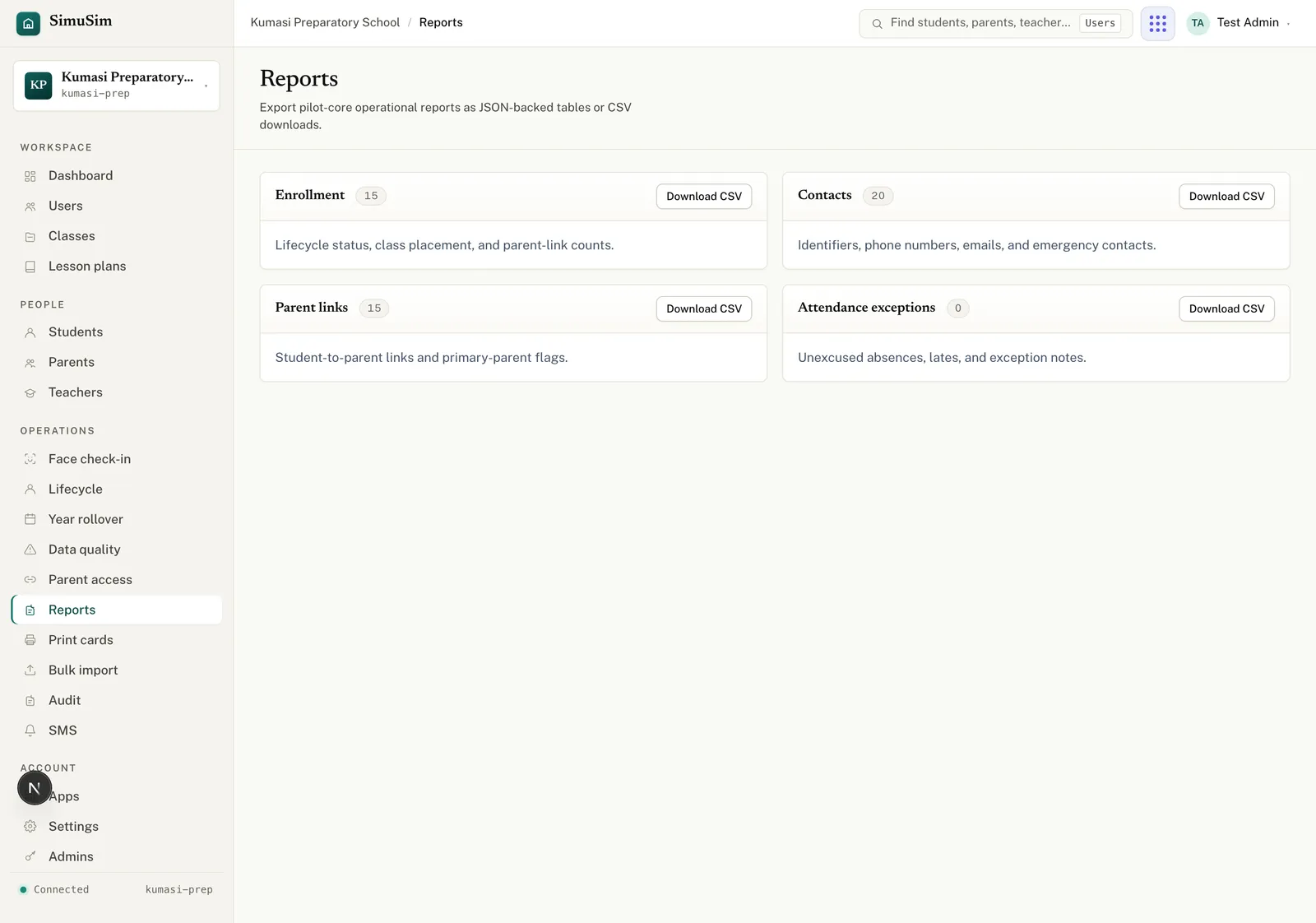 The Reports page showing four cards — Enrollment, Contacts, Parent links and Attendance exceptions — each with a row count and a Download CSV button.