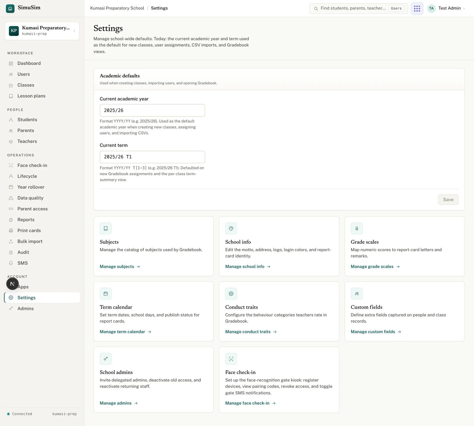 The Settings hub: the current academic year and term at the top, then cards for Subjects, School info, Grade scales, Term calendar, Conduct traits, Custom fields and Face check-in.