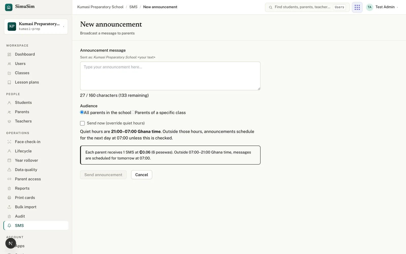 The Send announcement composer with a message box, a character counter, an audience selector and a cost preview.