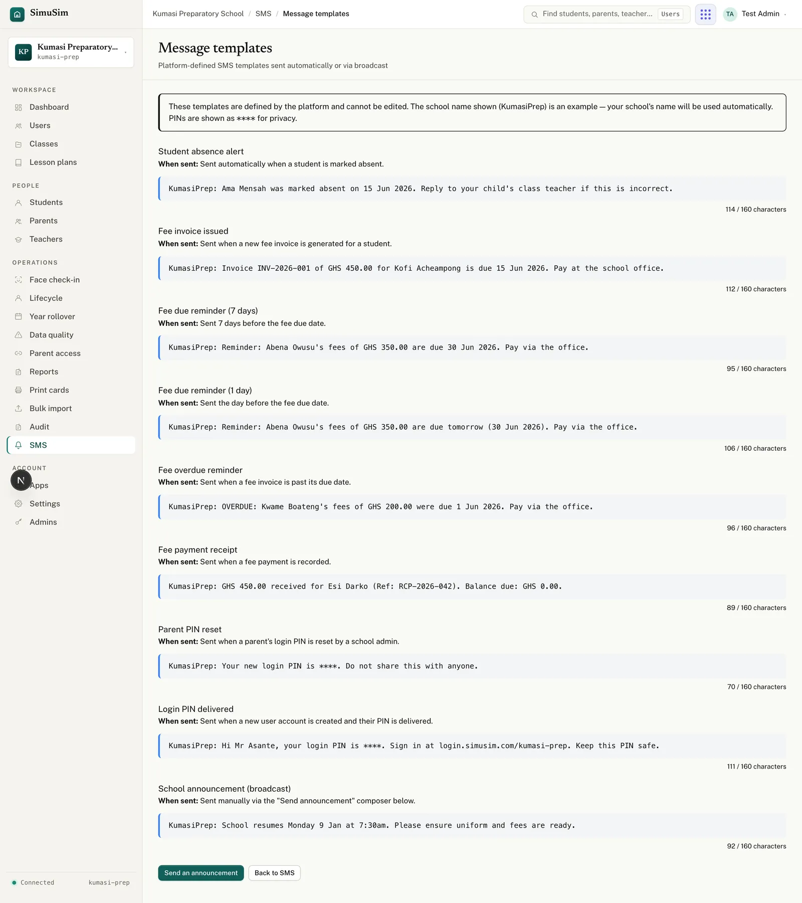 The Message templates page listing the nine platform-defined SMS templates, each with its trigger and an example rendering, with a note that they can't be edited.