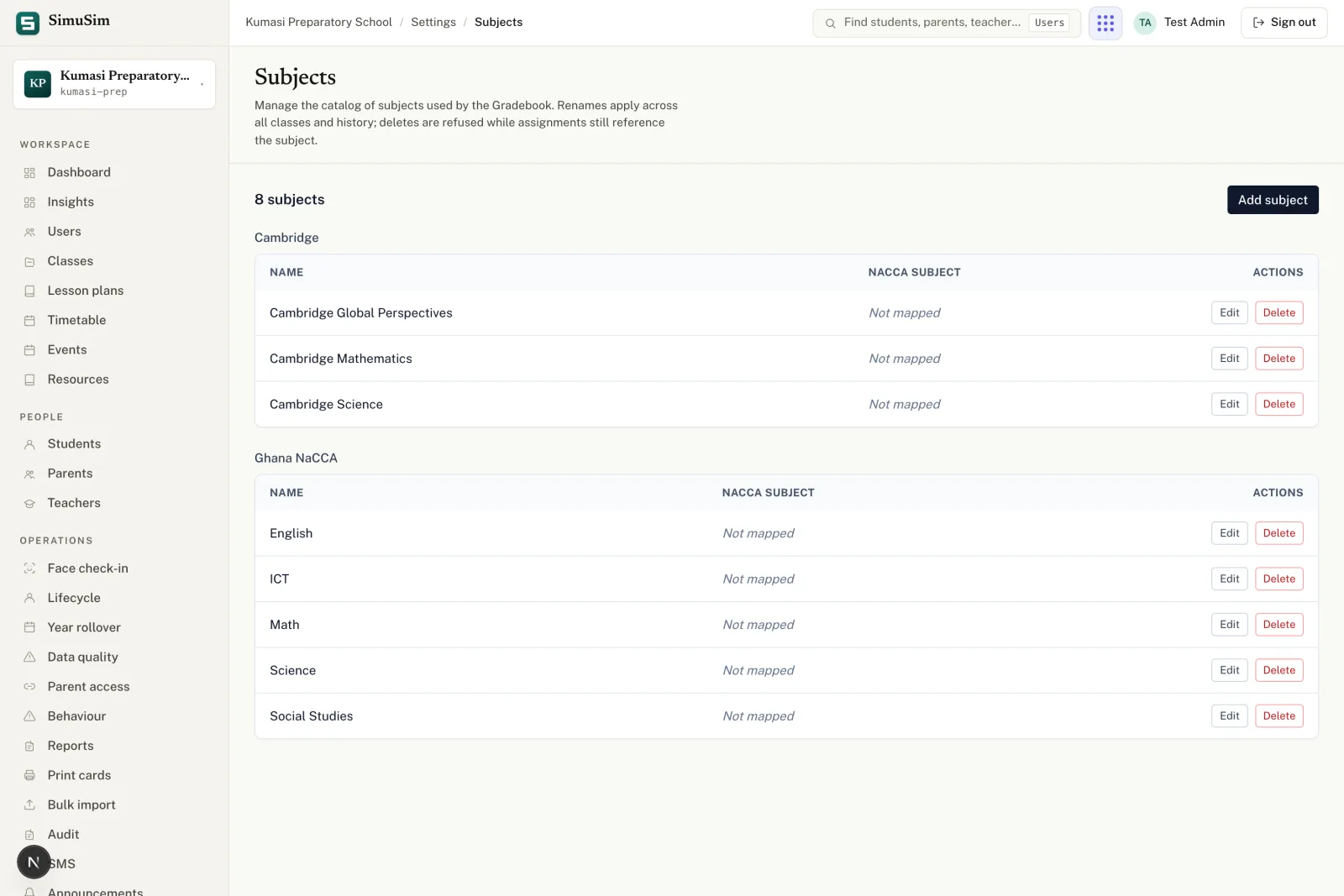 The Subjects settings page with two sections: Ghana NaCCA subjects listed first (English Language, Mathematics, Science, etc.) and Cambridge International subjects below (English, Mathematics, Science, etc.).