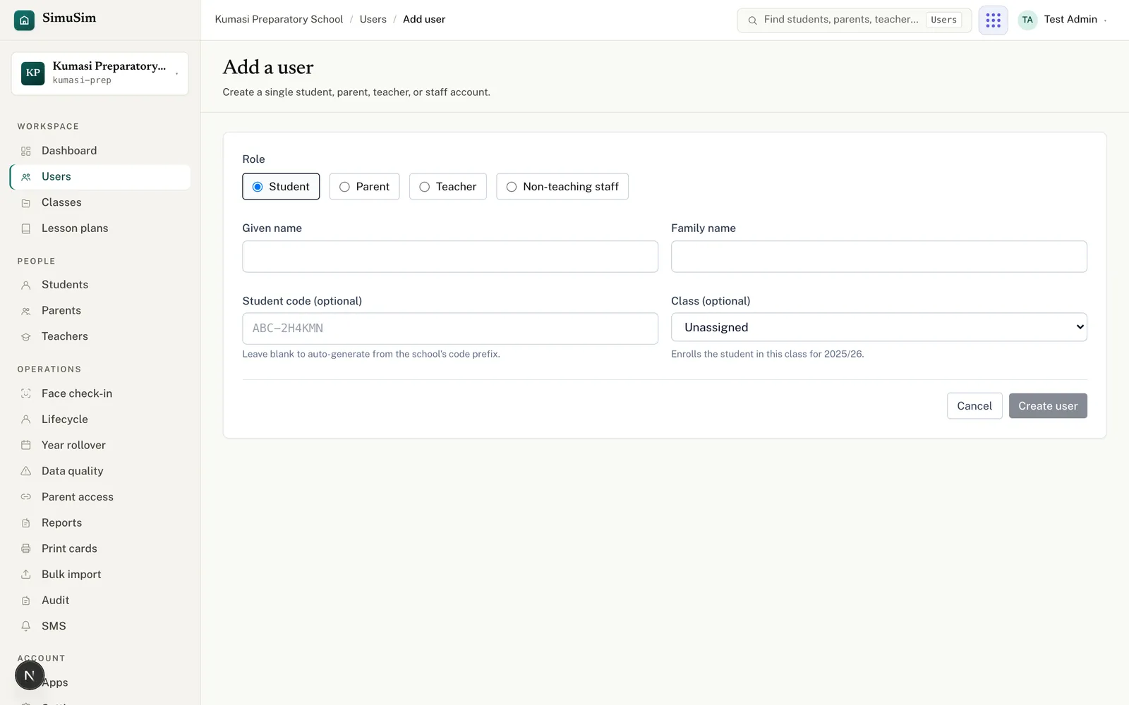 The Add user form with a role picker (Student, Parent, Teacher, Non-teaching staff) and name fields.