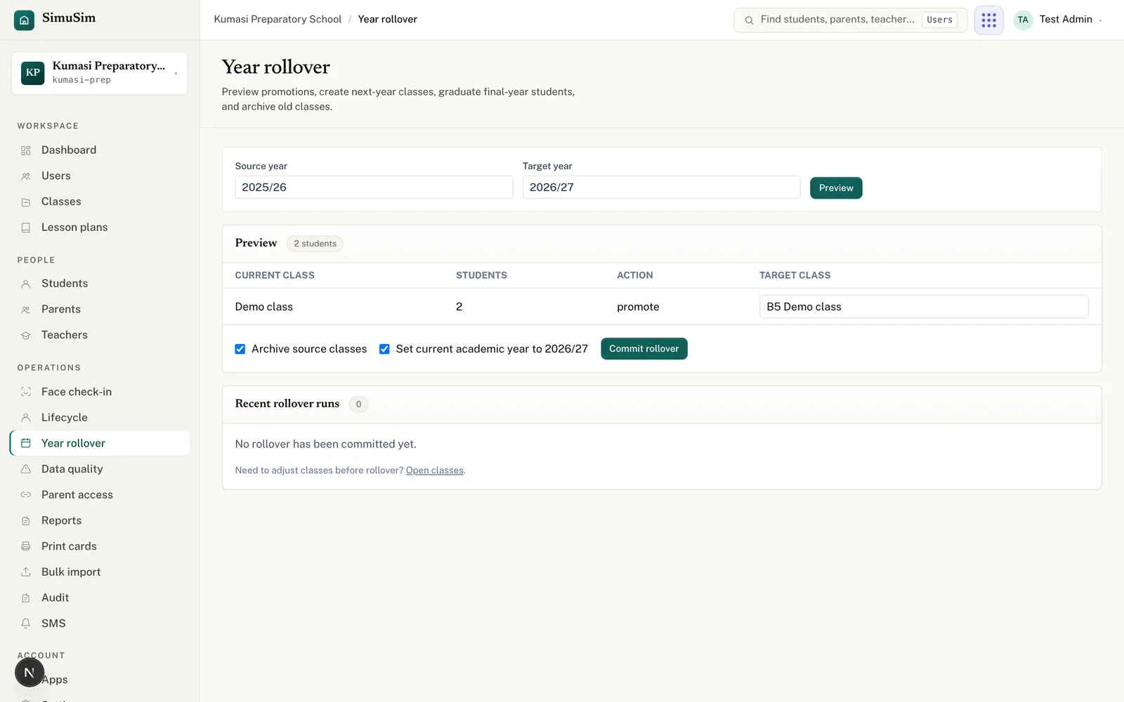 The Year rollover page: source and target year inputs, a preview table of each class with its student count, a promote action and a target class, and Archive / Set-current-year checkboxes.