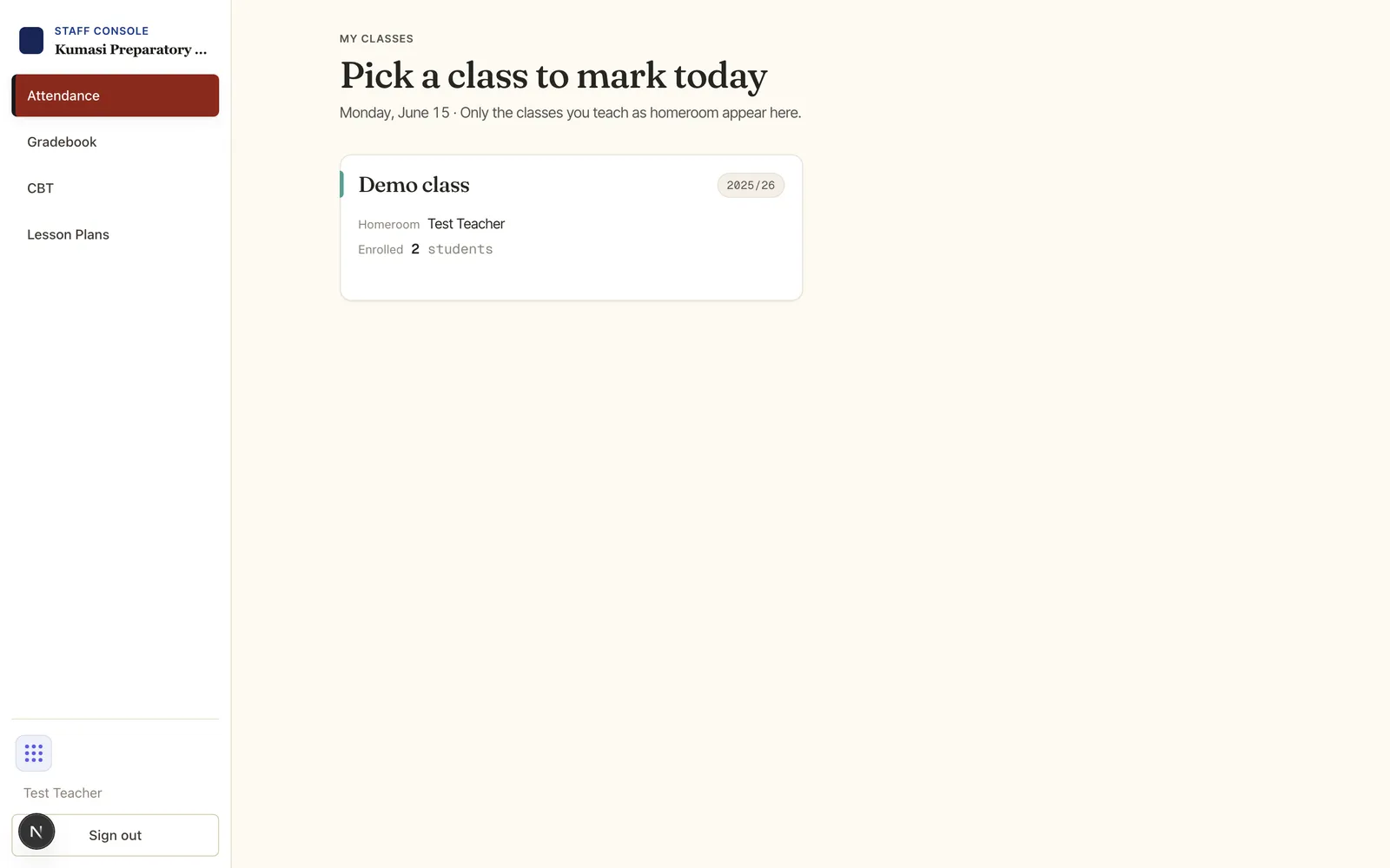 The attendance class picker listing the homeroom classes a teacher marks, each with enrolled count, marked count and a status.