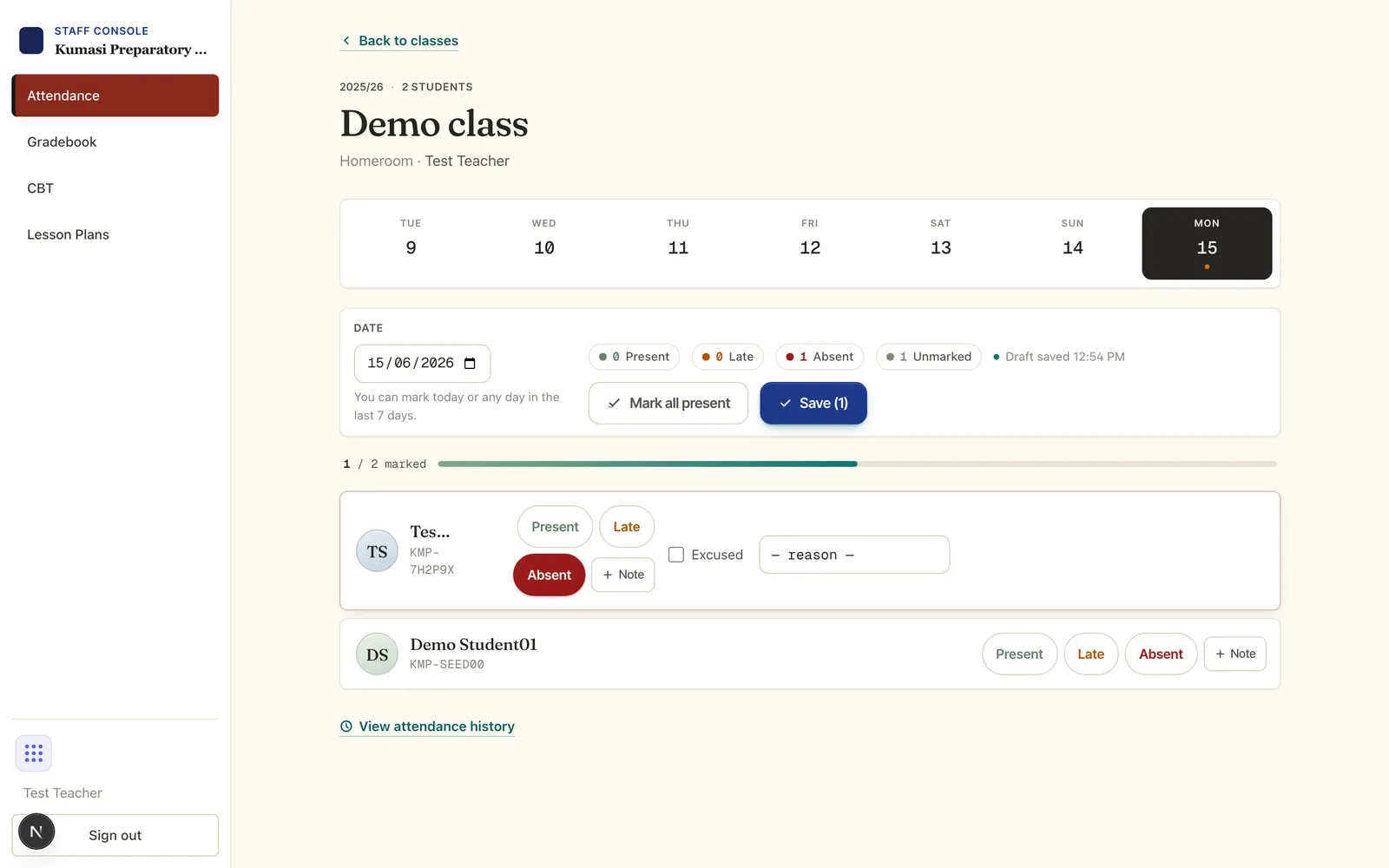 A student row marked Absent, revealing the Excused toggle and a reason-code picker with options like Sick, Medical appointment and Travel.