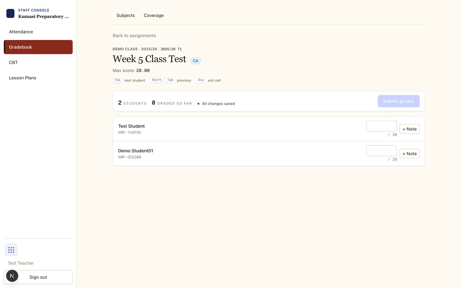The score-entry grid for an assignment, listing each enrolled student with an input for their score.