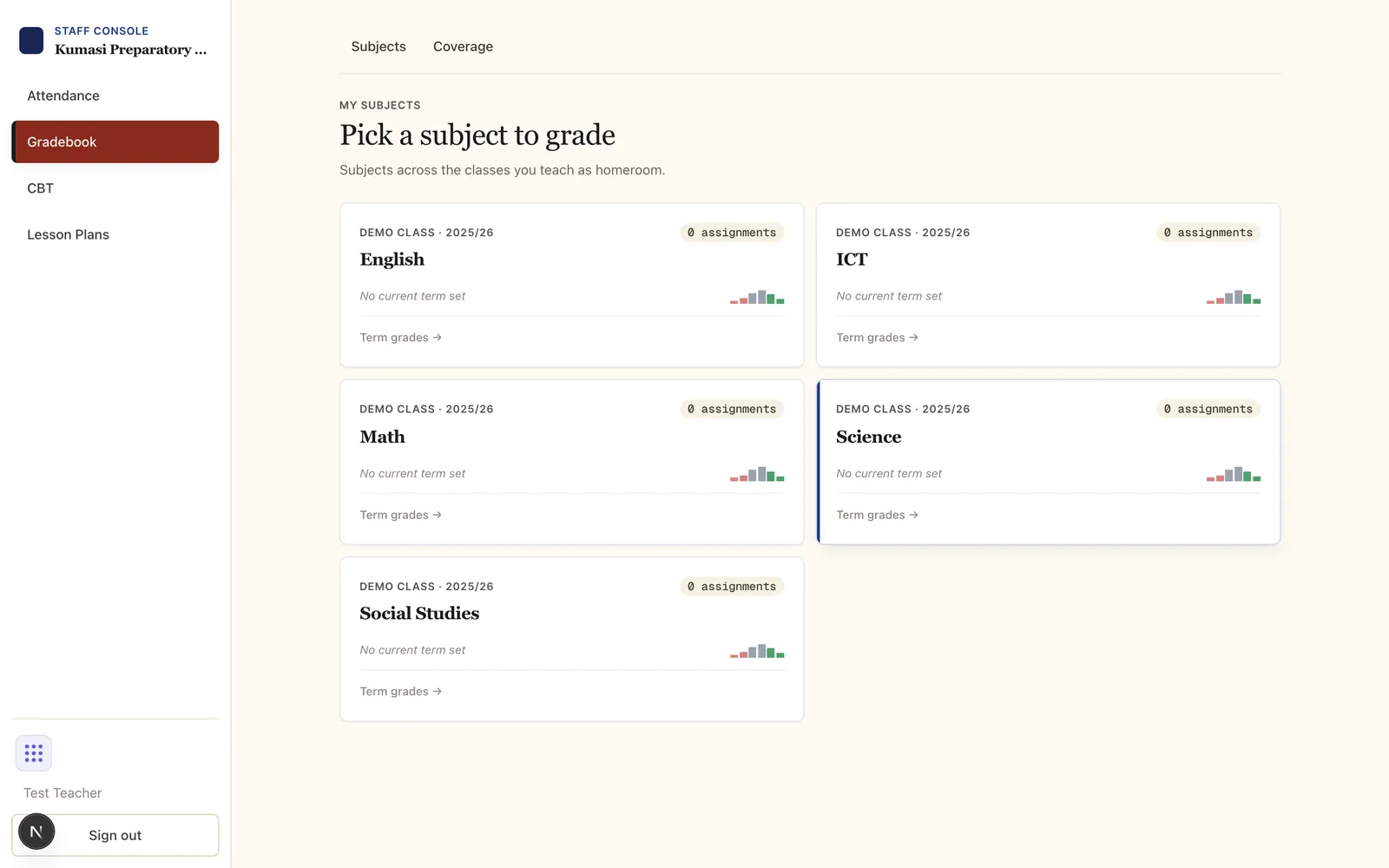 The Gradebook subject picker with one card per class-and-subject, each showing an assignment count and academic year.