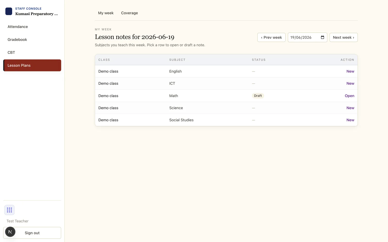 The Lesson Plans weekly view: a row per class-and-subject you teach this week, each with a status pill and a link to open or start a note.