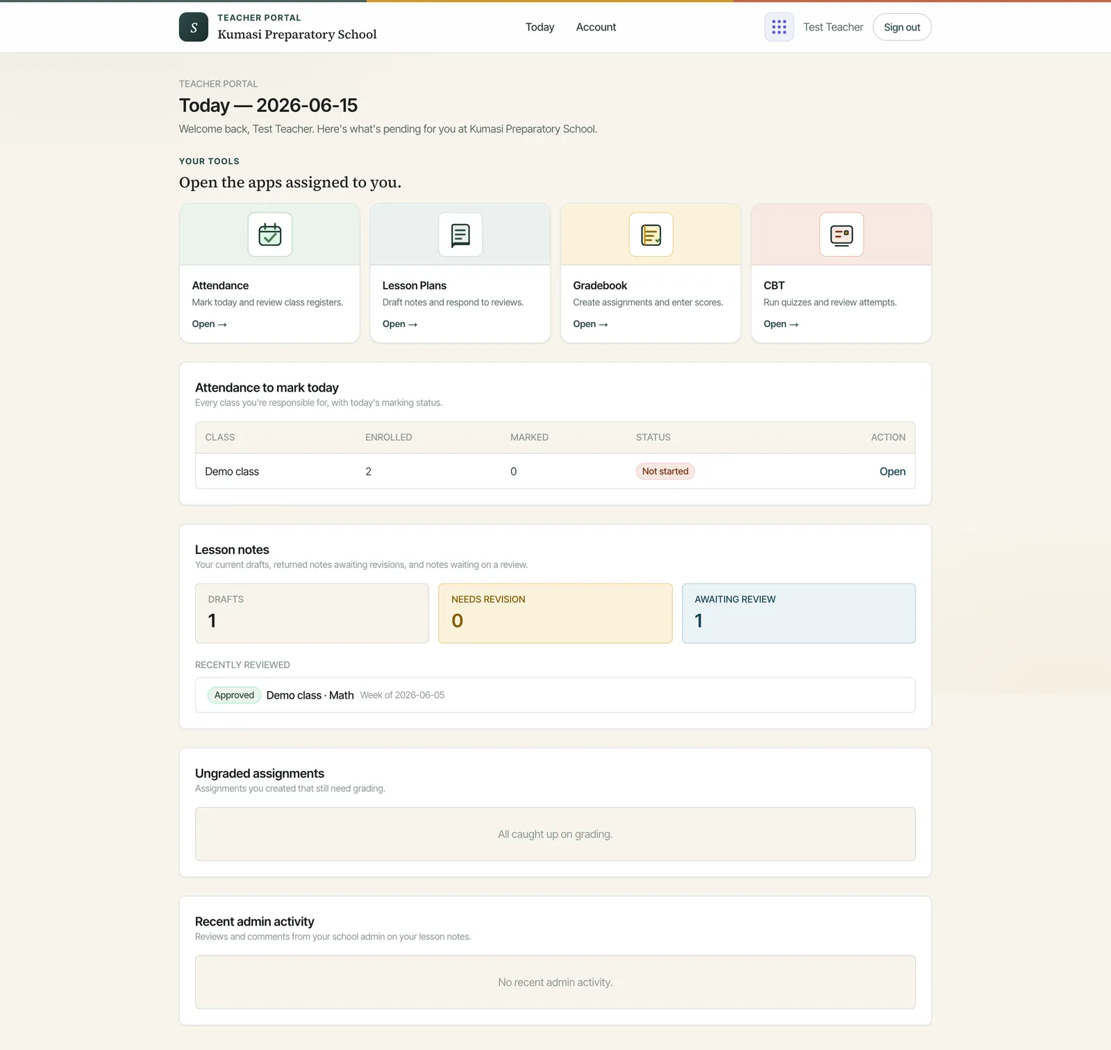 The Teacher Portal dashboard with four module cards, an attendance-to-mark table, lesson-note counters, an ungraded-assignments card, and a recent-admin-activity feed.