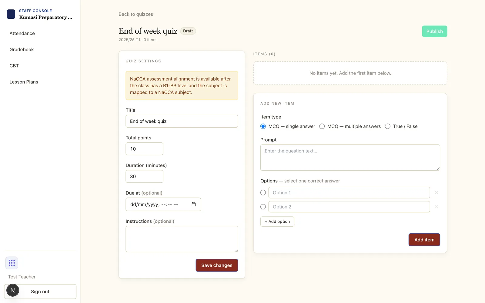 The CBT quiz editor: a quiz metadata panel, a list of question items, and an add-item form with a question-type selector and answer options.