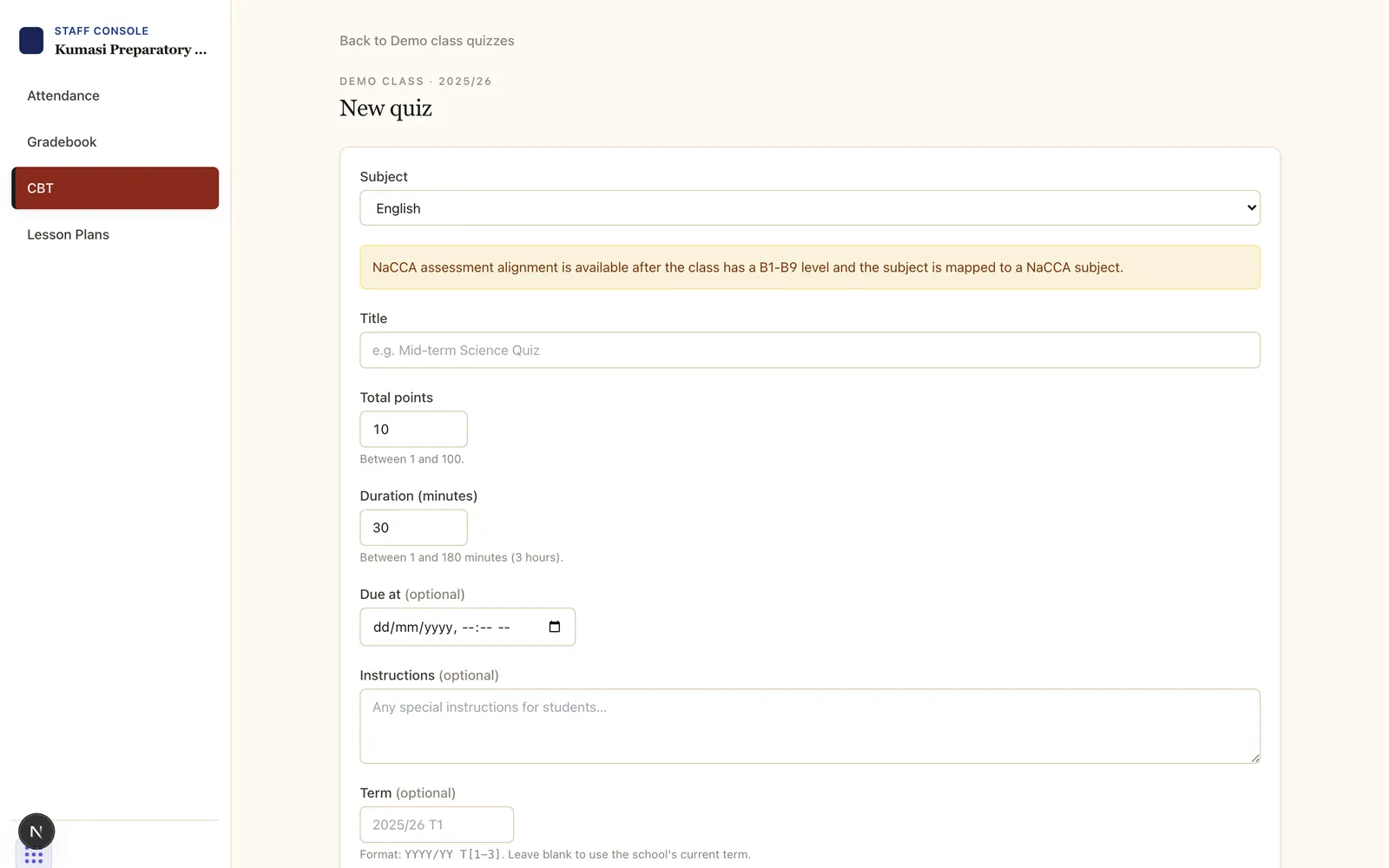 The New quiz form: a subject select, title, total points, duration in minutes, optional due time and instructions, and a Create quiz button.