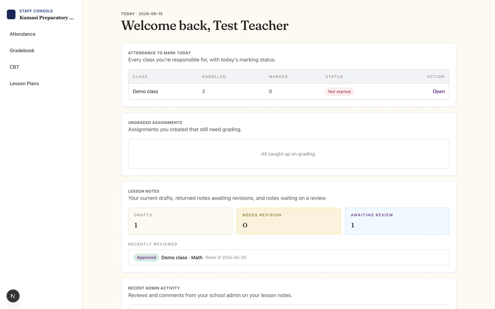 The Staff Console home with a left sidebar listing My Schedule, Attendance, Gradebook, CBT, Lesson Plans, Announcements, Messages, Behaviour and Resources, and module tiles in the main area.