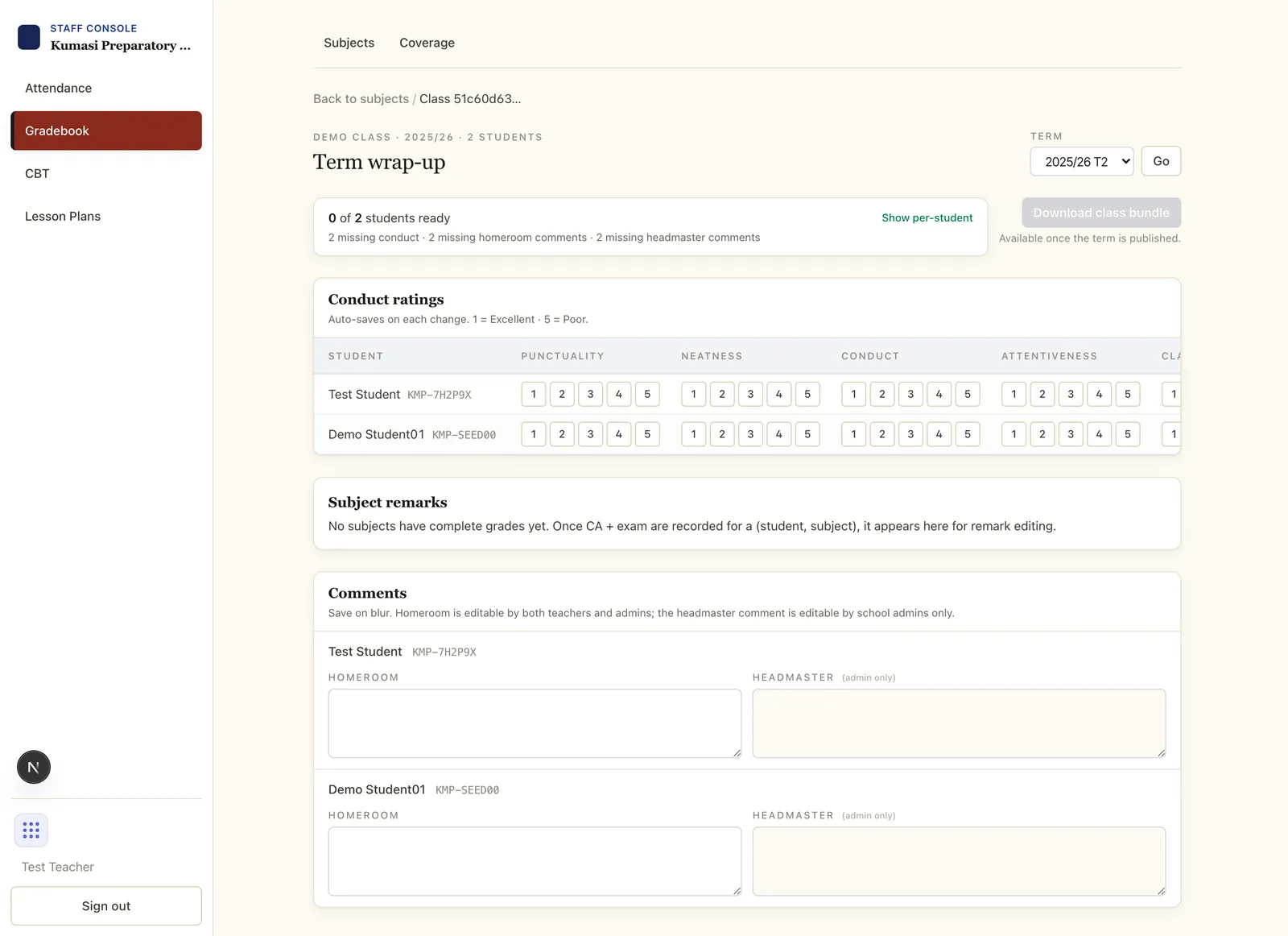 The term wrap-up page for a class: a conduct grid of students against traits, subject-remark and comment fields, a readiness summary, and preview controls.