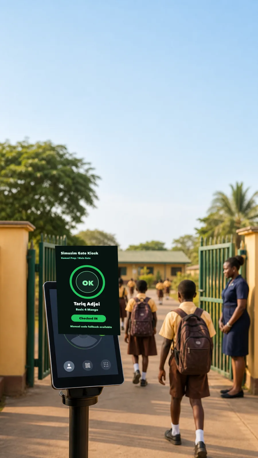 Simusim face recognition attendance check-in screen at a school entrance