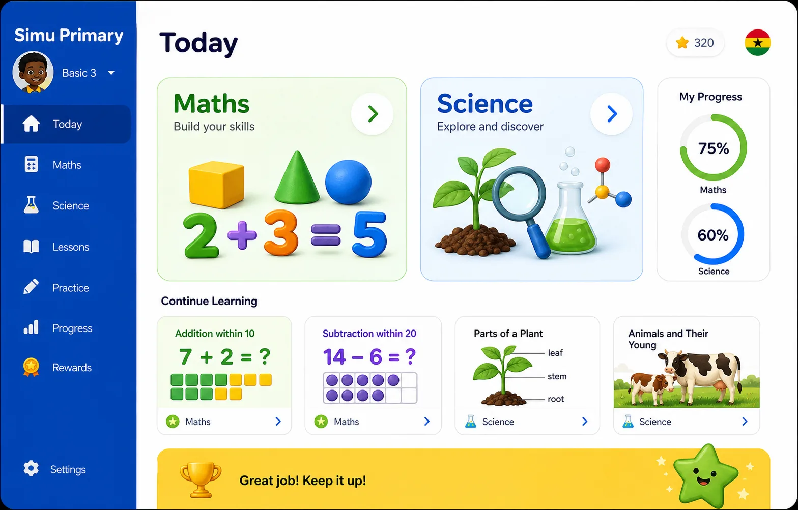 Simu Primary screenshot with maths, science, progress, and lesson cards