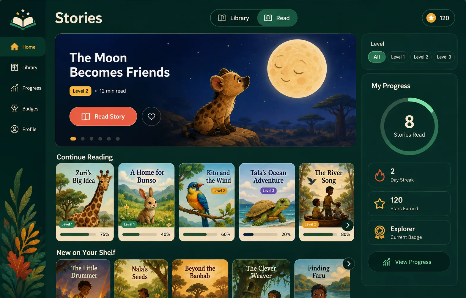 Stories App screenshot with a digital library, reading levels, story cards, and progress