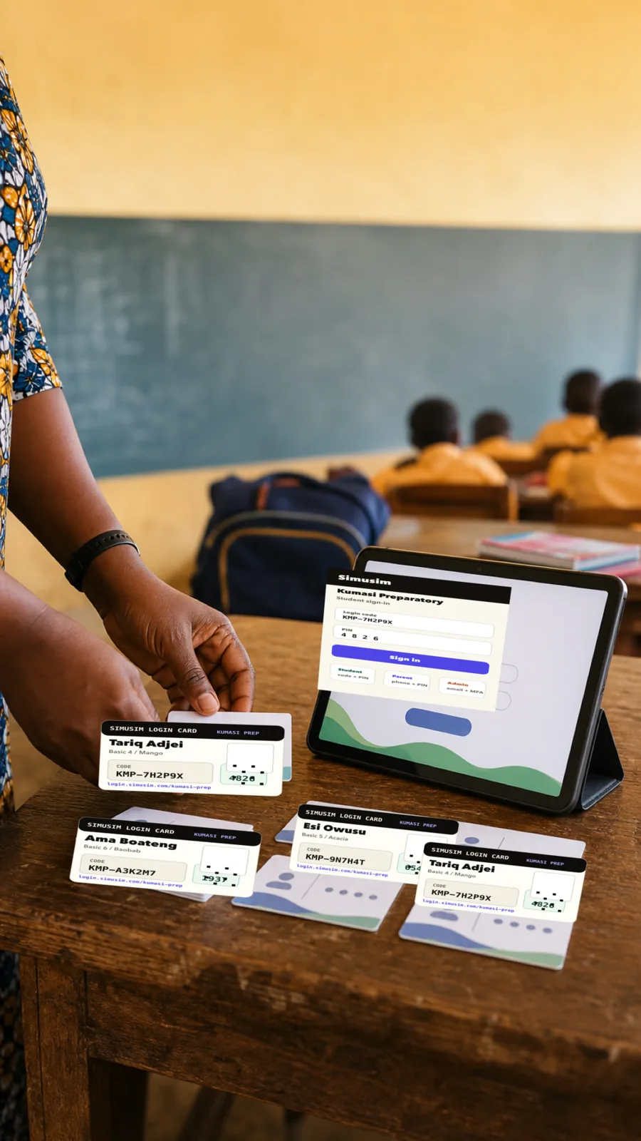 A Simusim student sign-in screen beside printed student login cards
