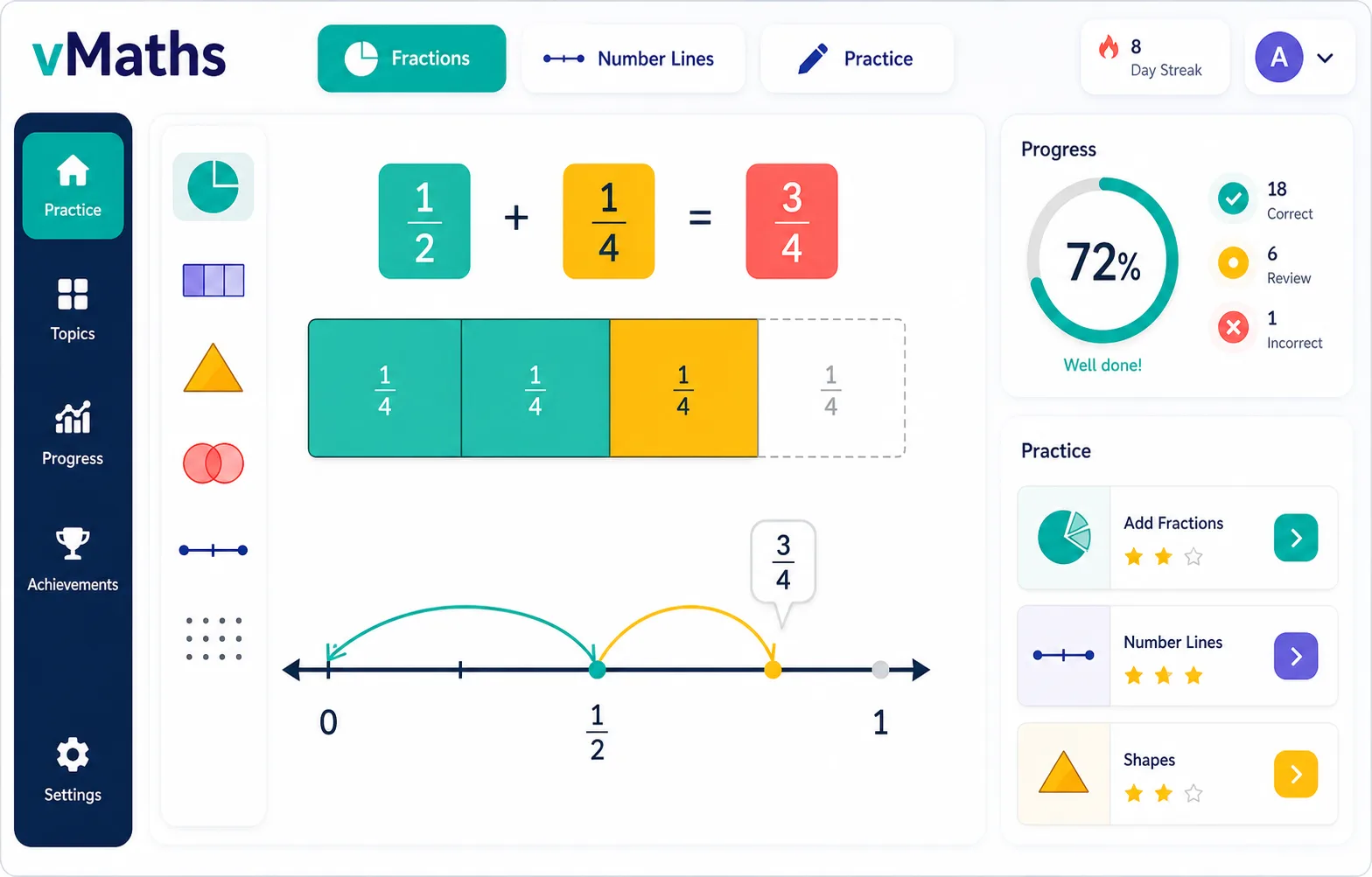 vMaths screenshot with fraction bars, number lines, visual manipulatives, and progress
